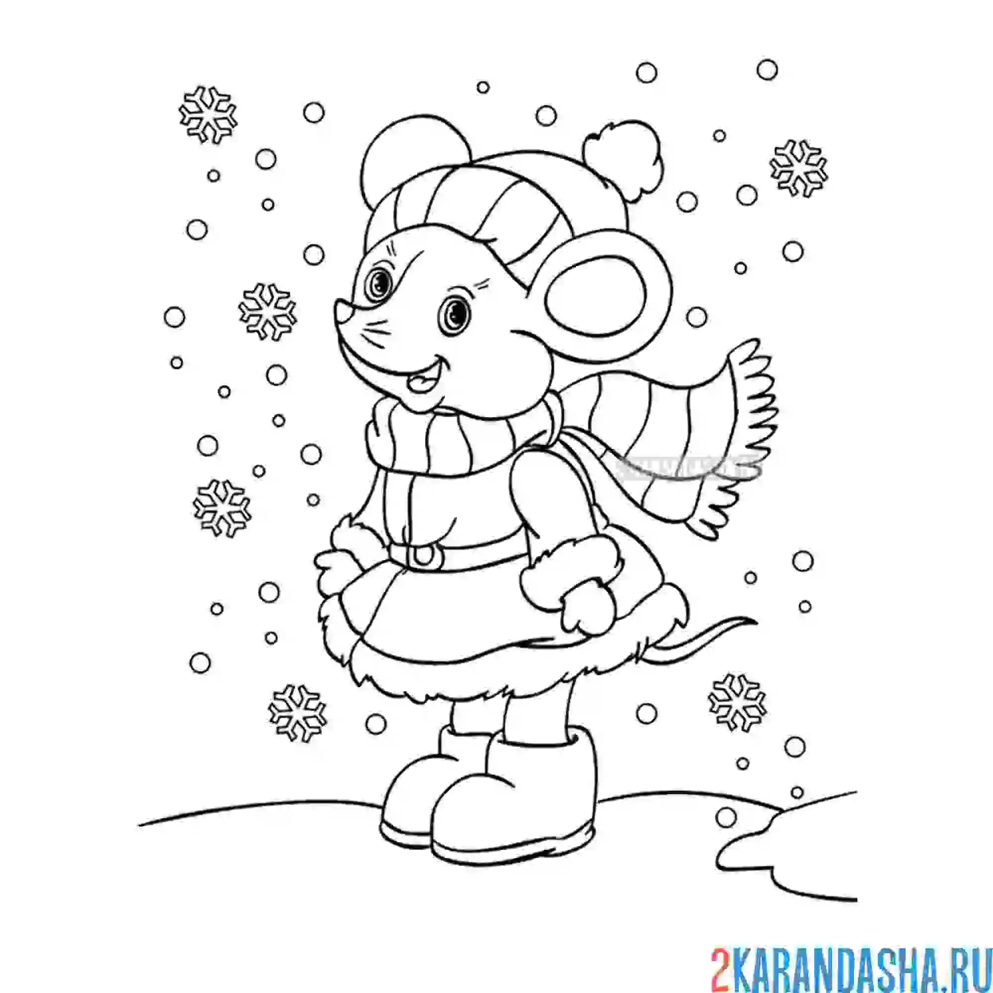 Раскраска зимнее животное мышка со снежинками