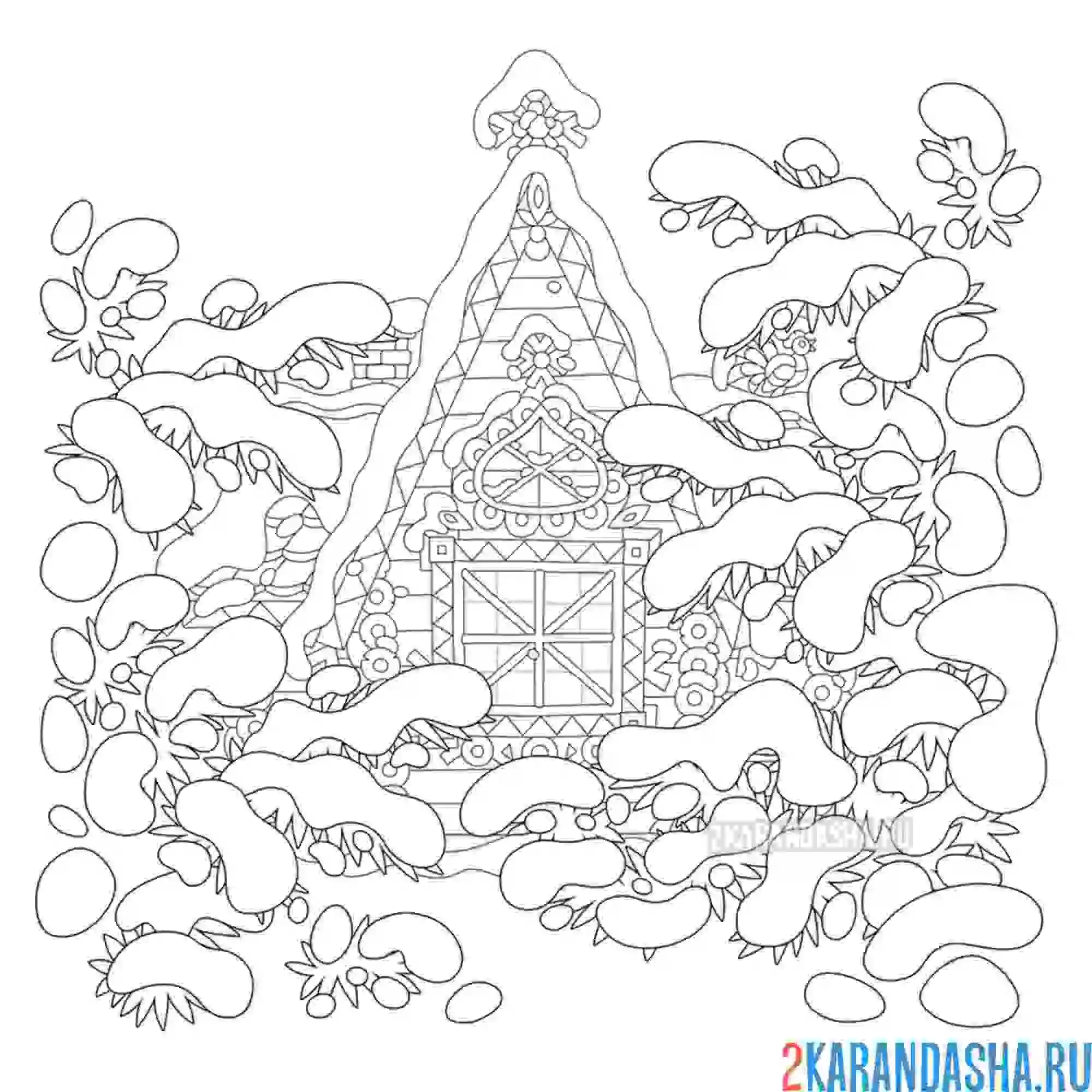 Раскраска зимний лес и домик