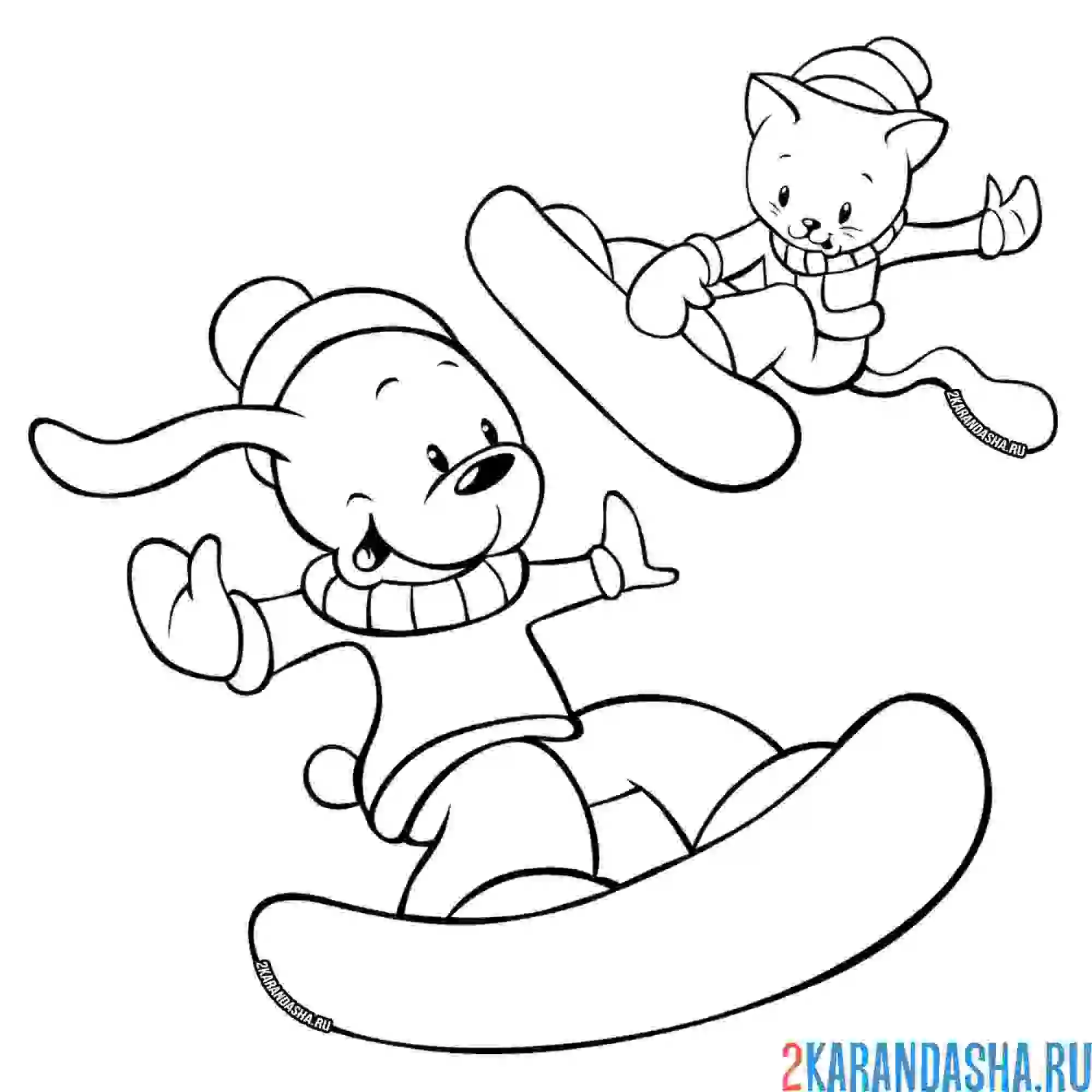 Раскраска зимние забавы, коты на сноубордах