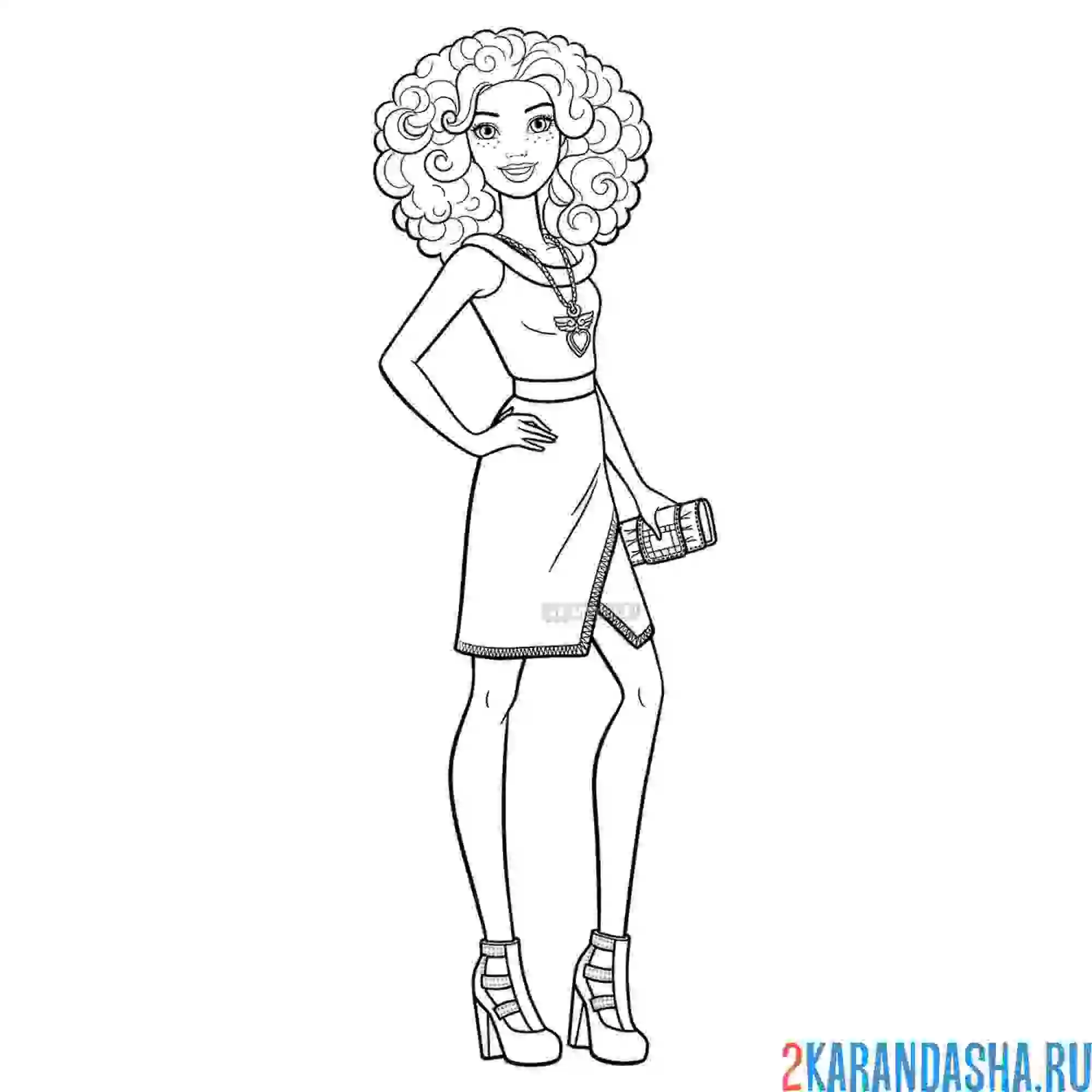 Раскраска барби с кудрявыми волосами в платье
