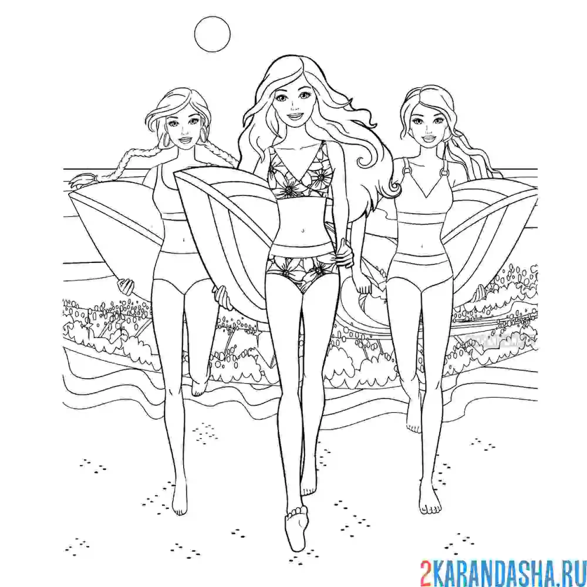 Раскраска барби подружки занимаются серфингом