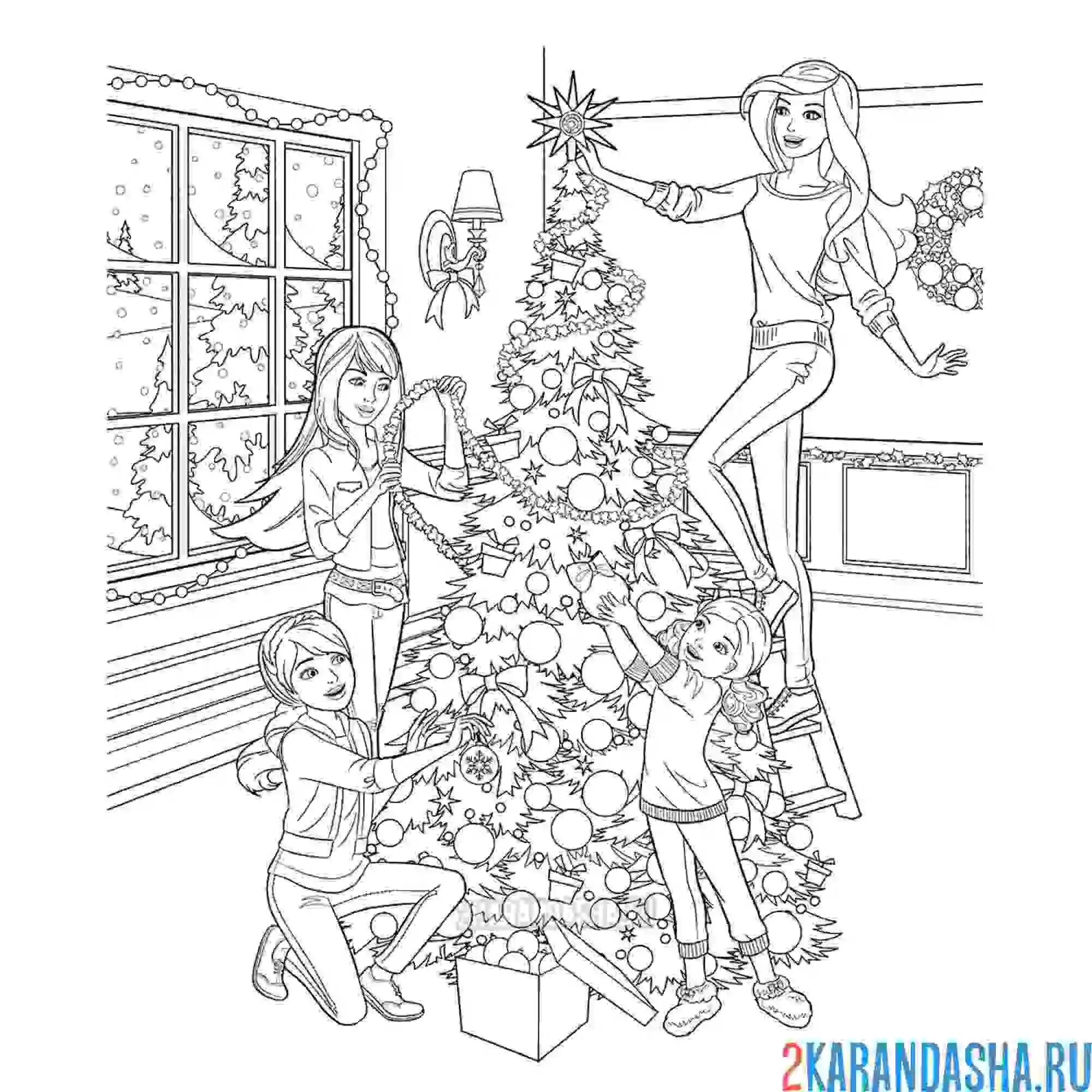 Раскраска барби наряжает елку вместе с подружкам