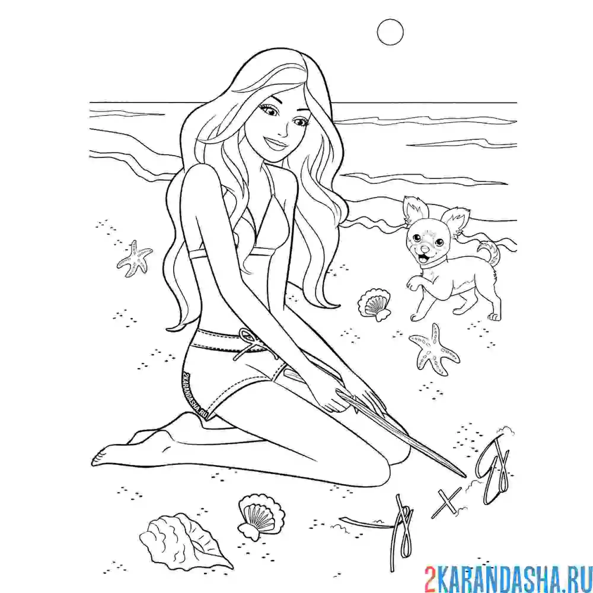 Раскраска барби в купальнике на пляже с собачкой