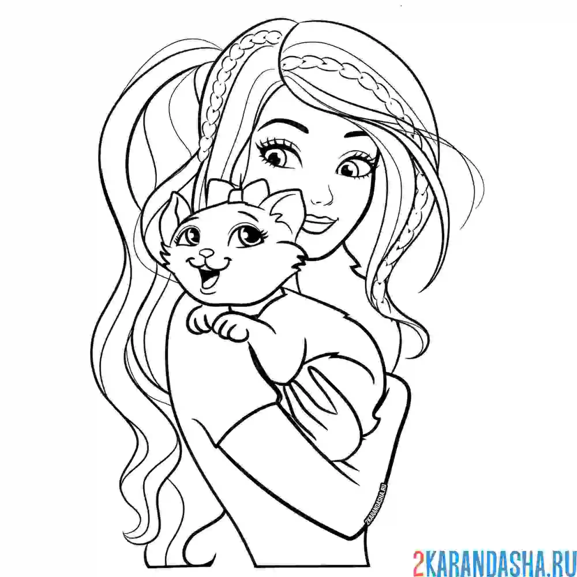 Раскраска барби с милой кошечкой