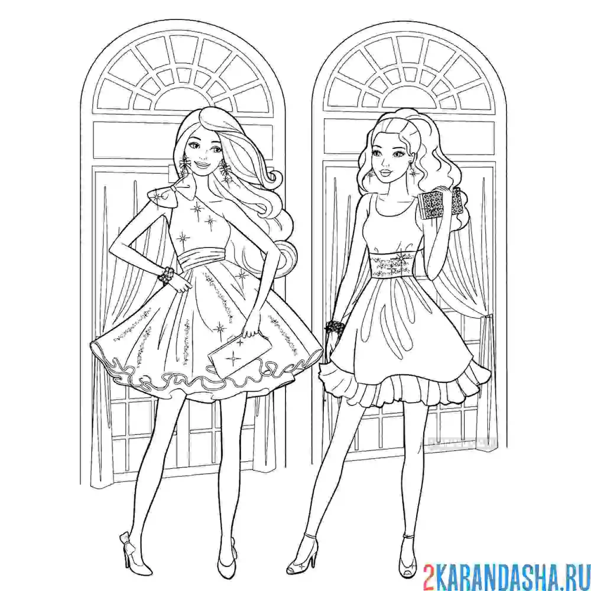 Раскраска барби с подружкой на показе мод