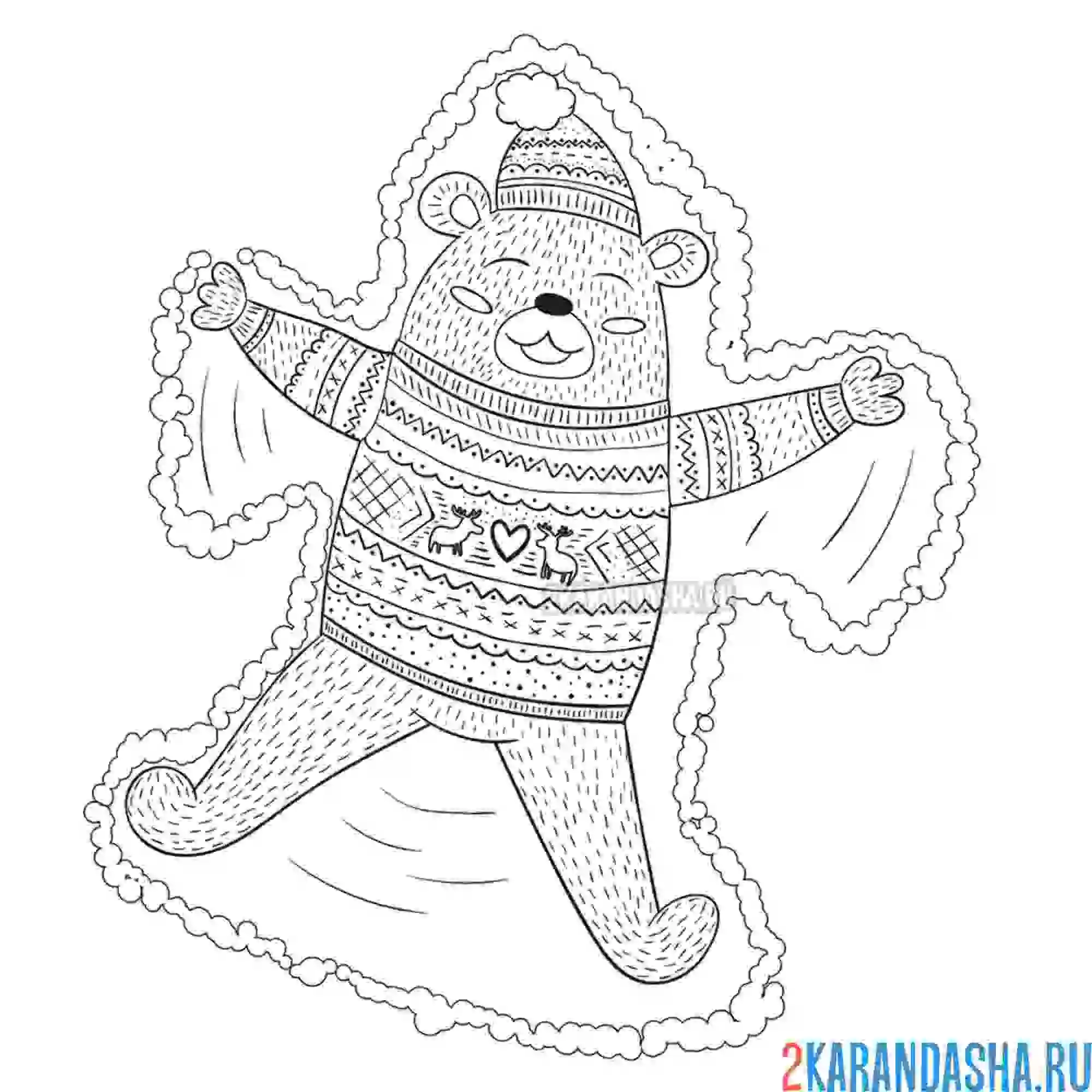 Раскраска медведь снежный ангел