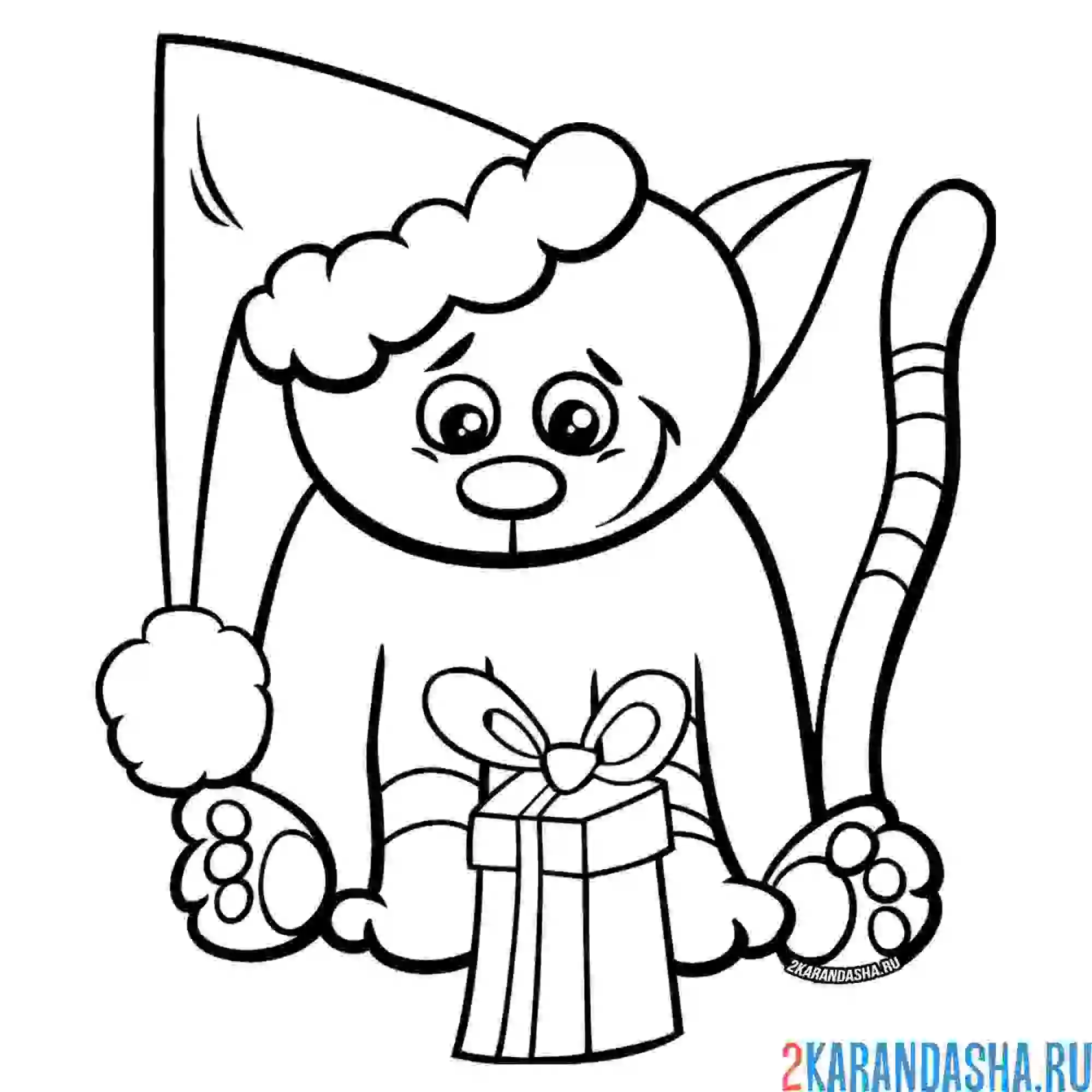 Раскраска новогодний кот с подарком