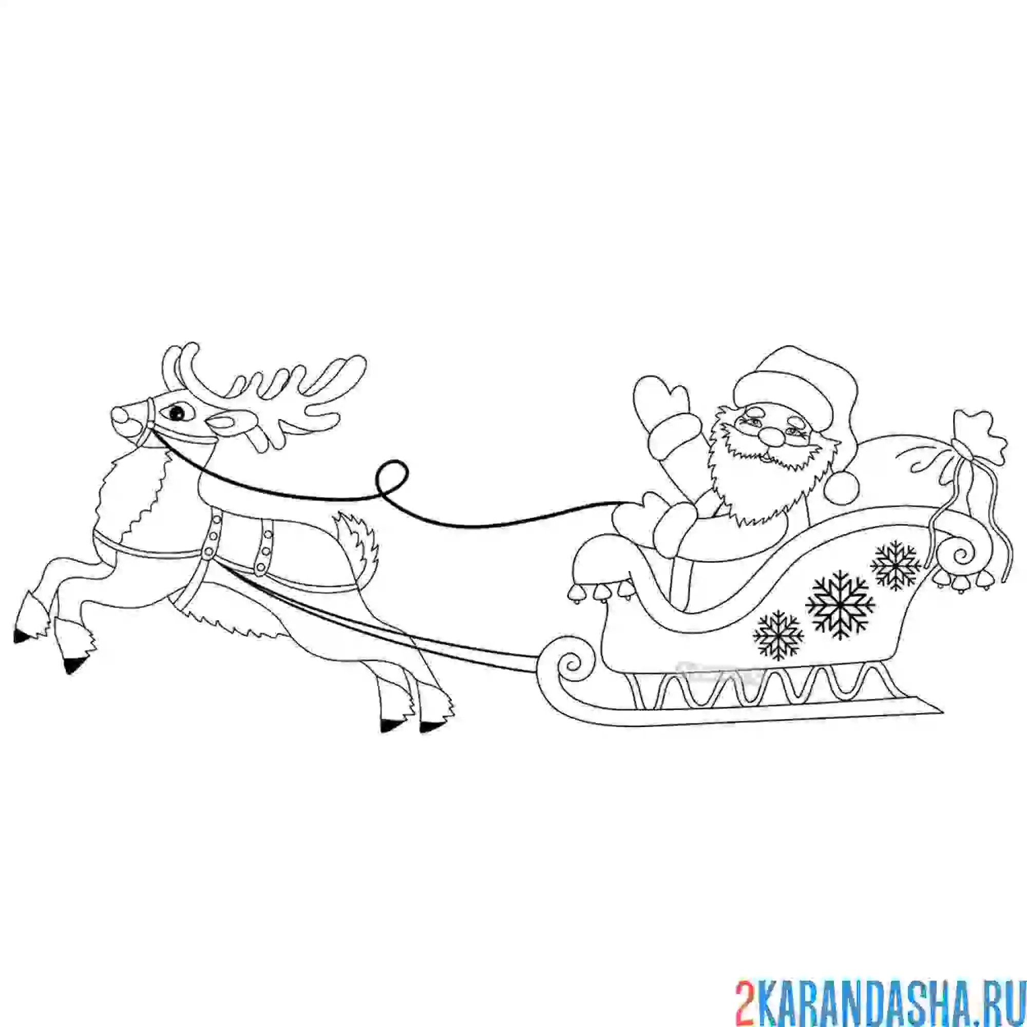 Раскраска новогодний дед мороз в упряжке с оленем