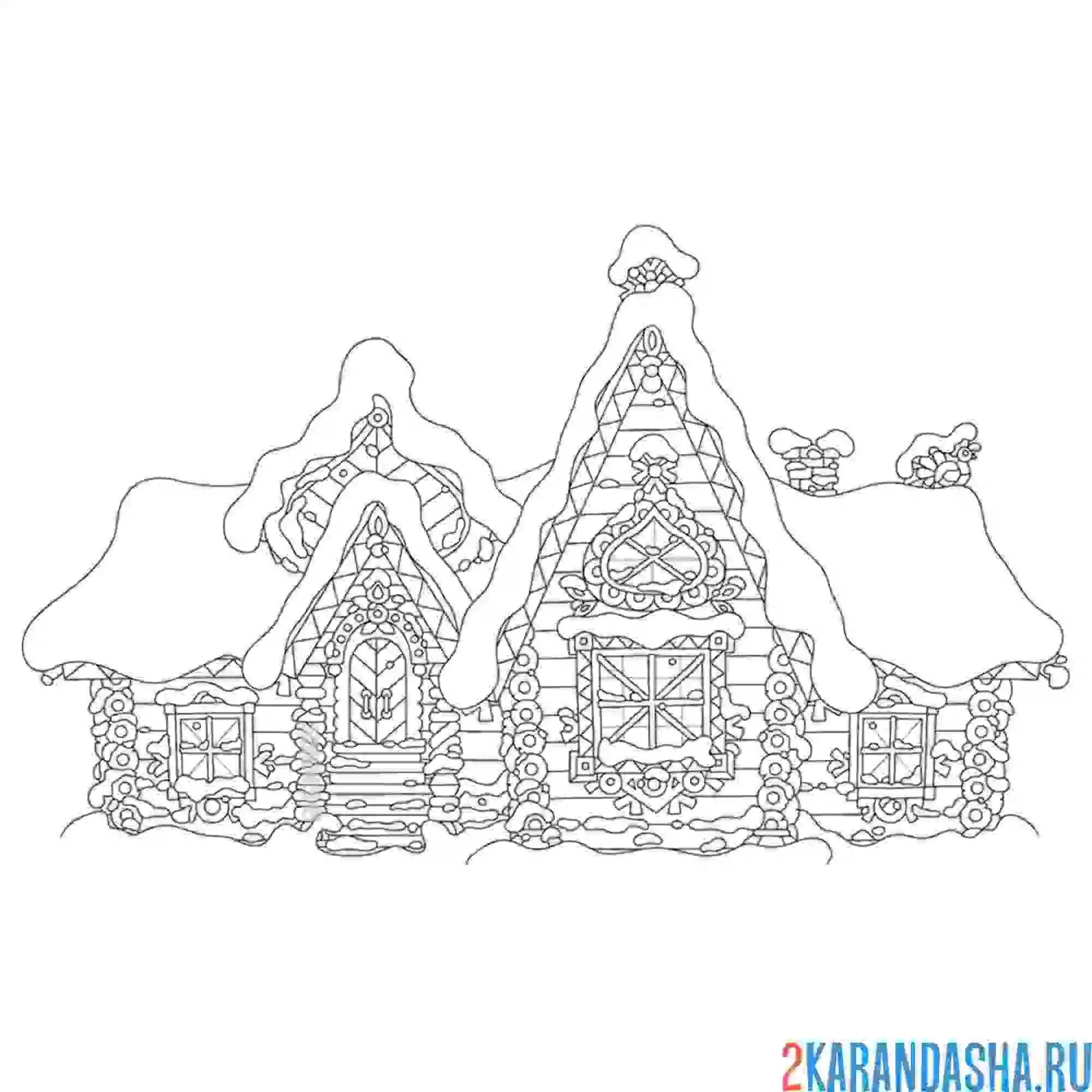 Раскраска зимний дом в снегу