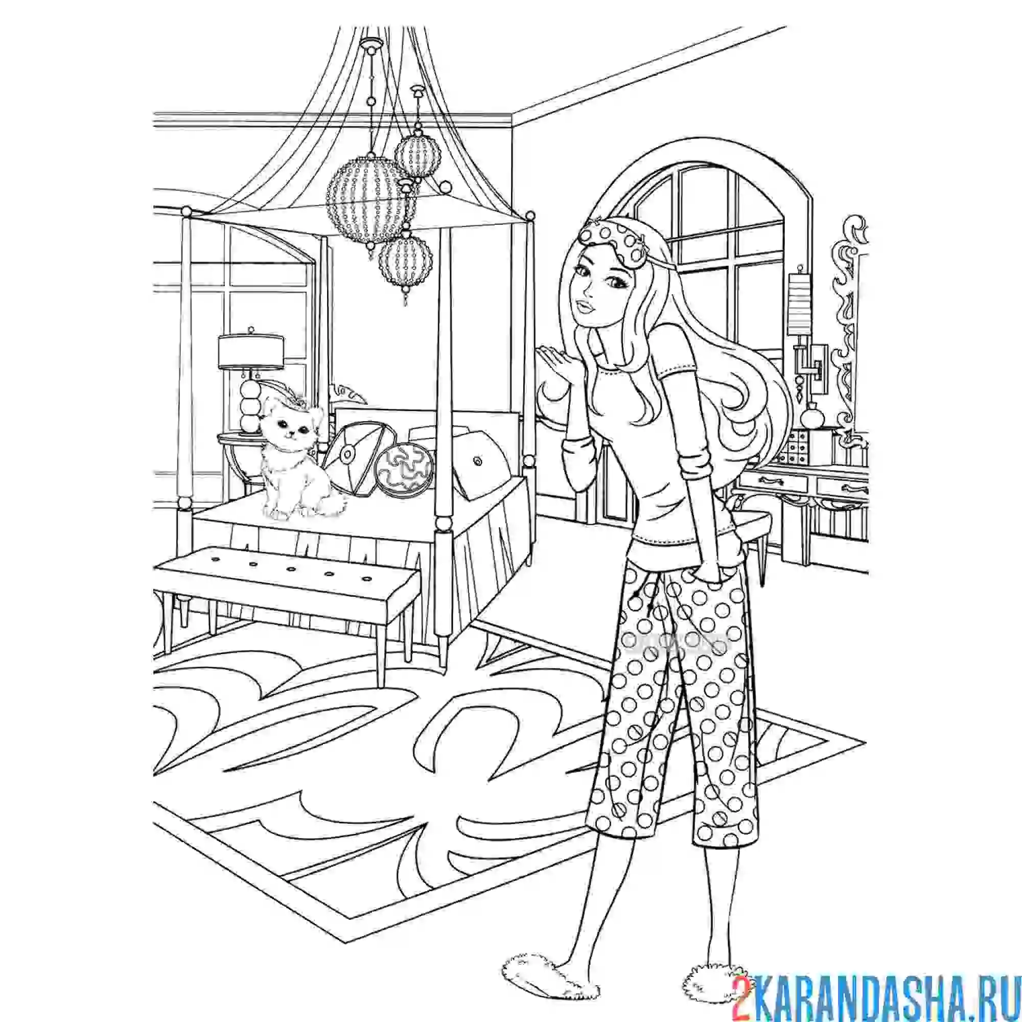 Раскраска барби в комнате в доме