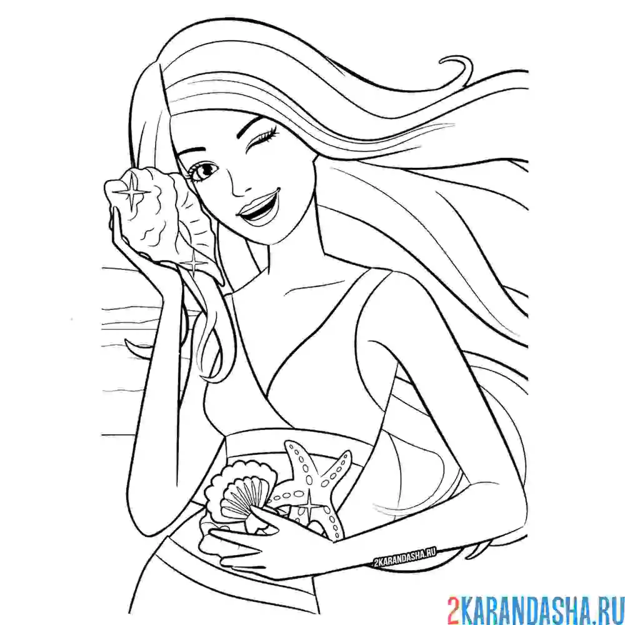Раскраска барби на пляже с ракушкой