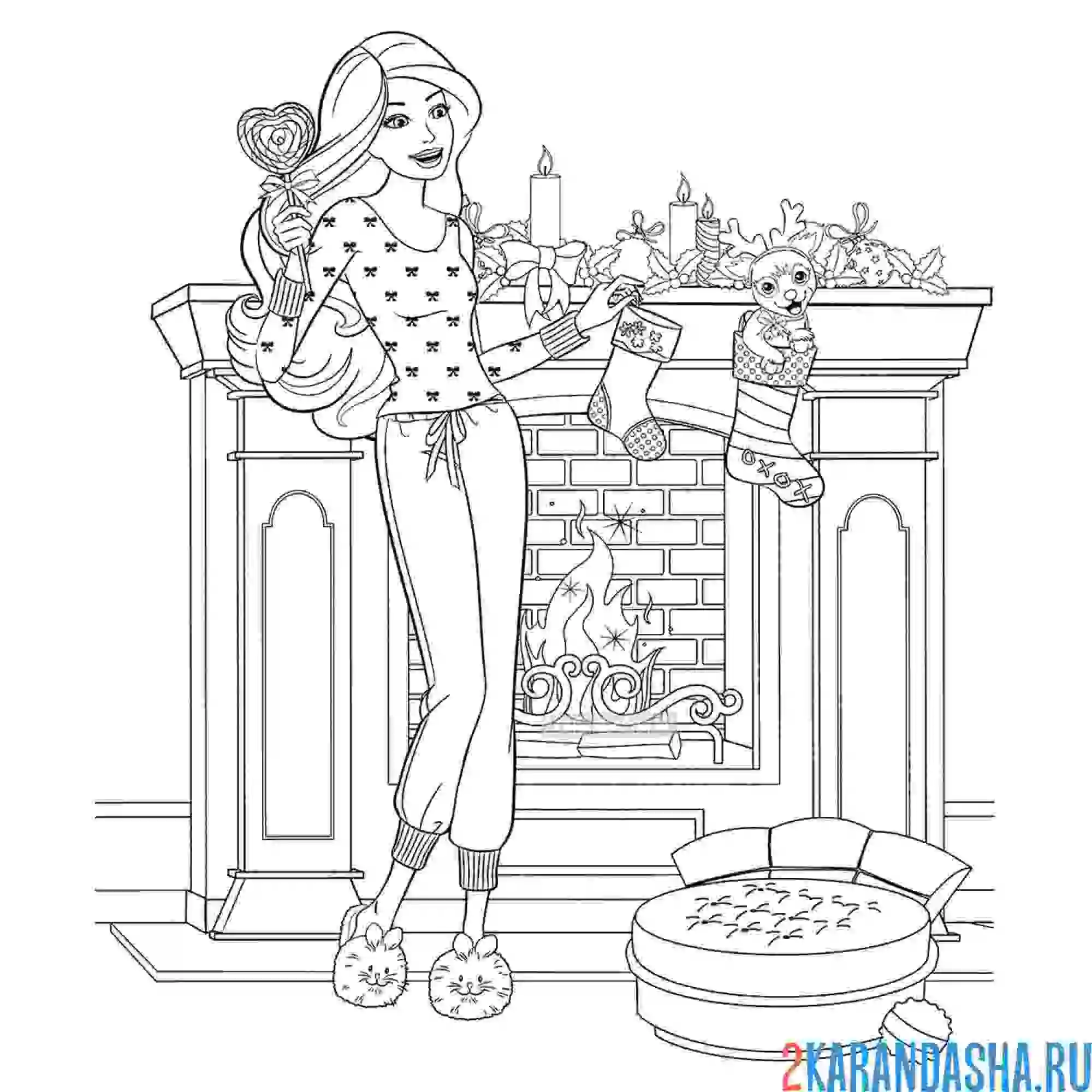 Раскраска барби у рождественского камина