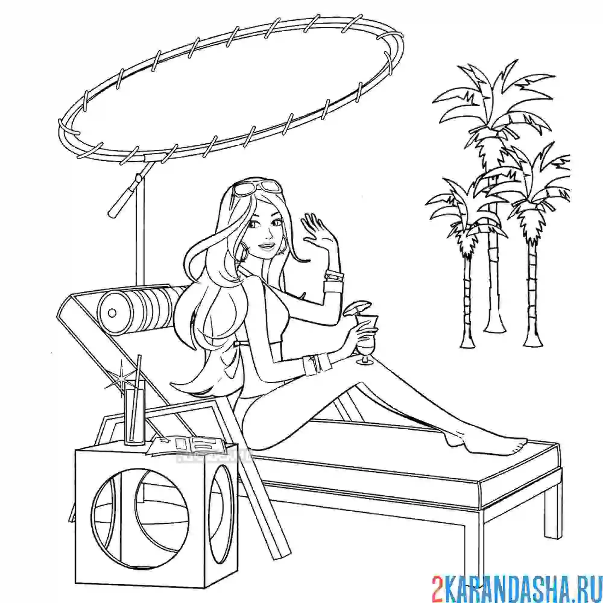 Раскраска кукла барби на пляже с пальмами