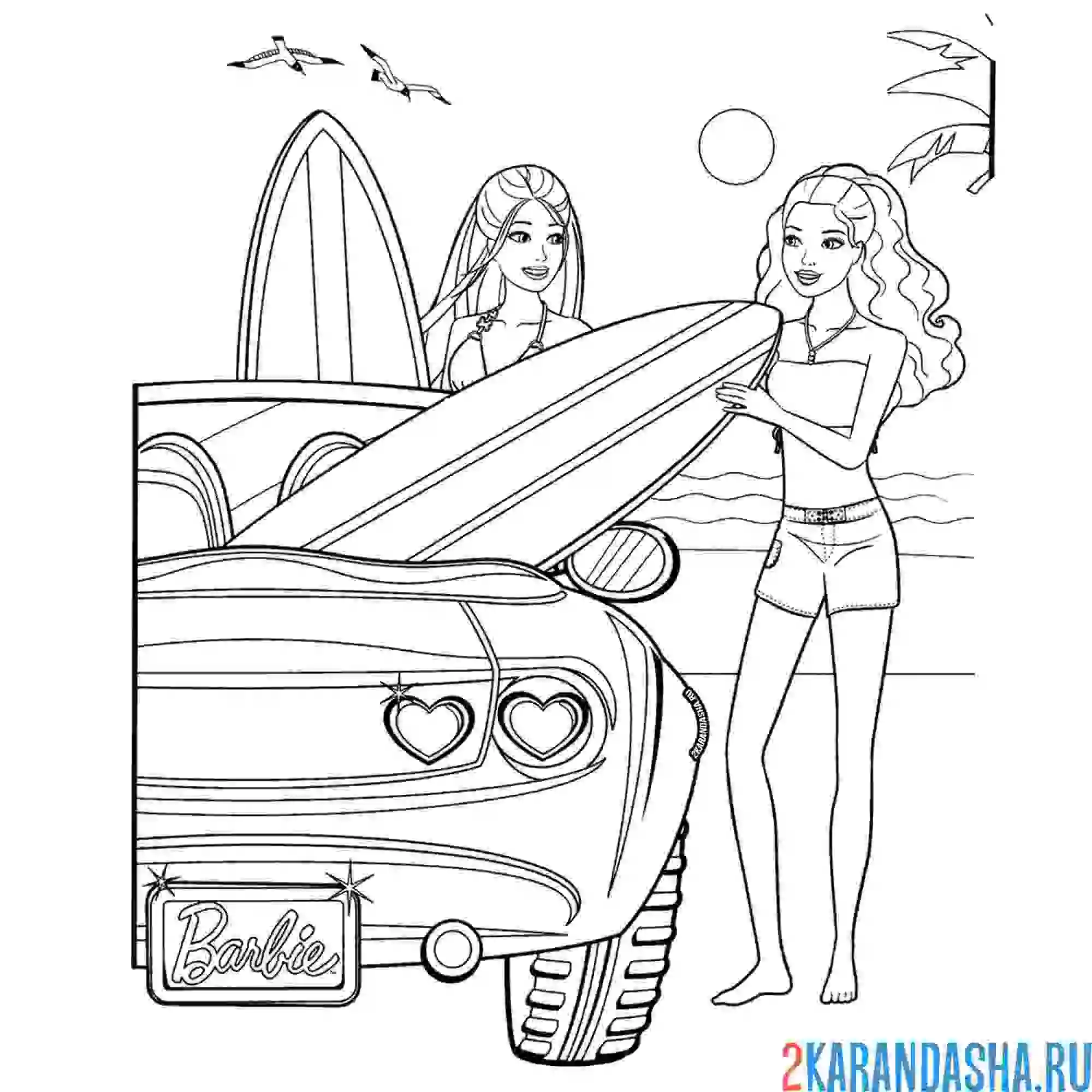 Раскраска кукла барби на машине летом