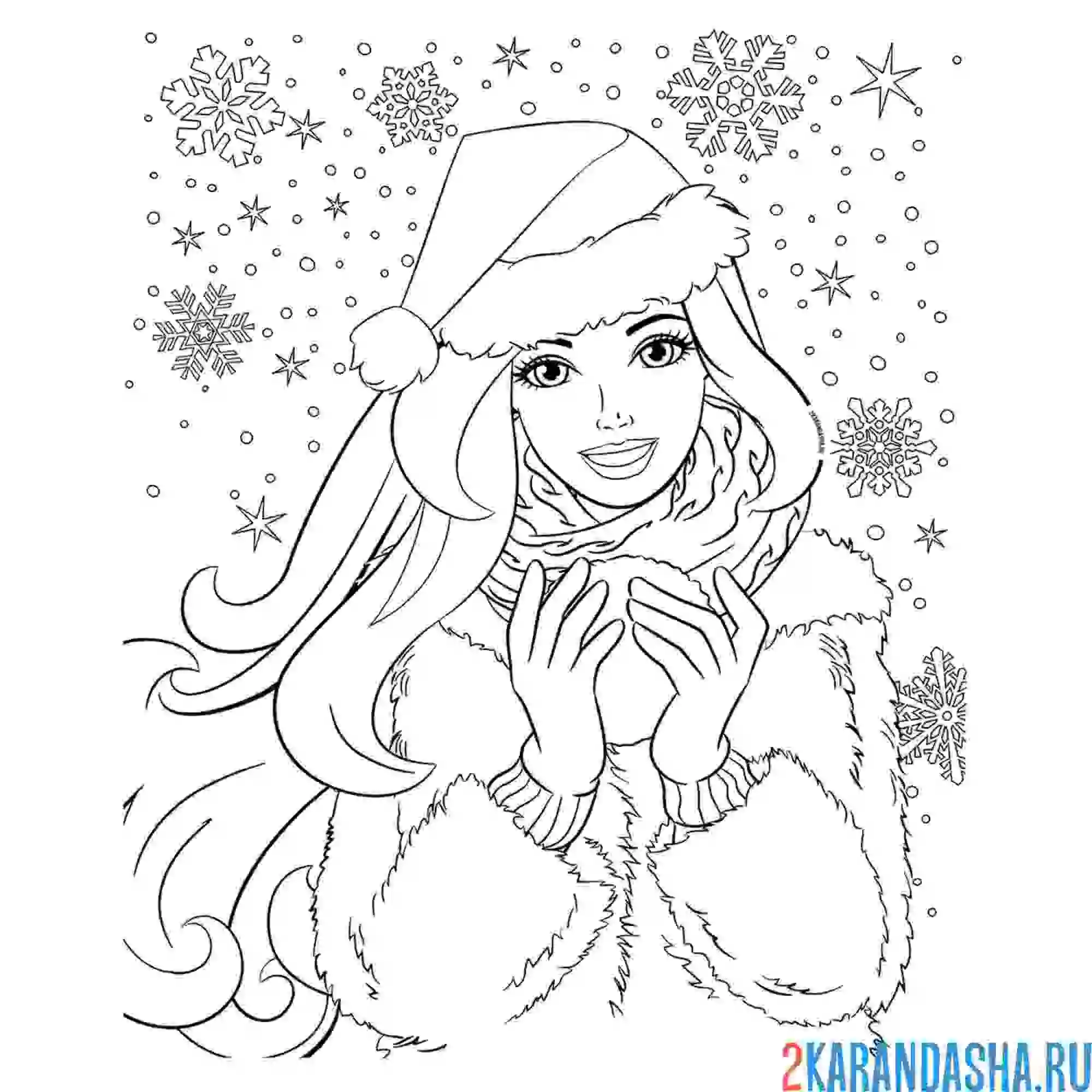 Раскраска барби новогодняя в зимней шапке