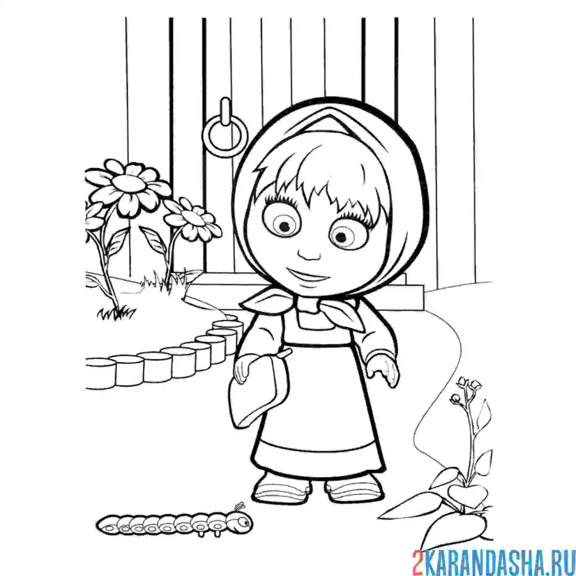 Раскраска маша смотрит на гусеницу