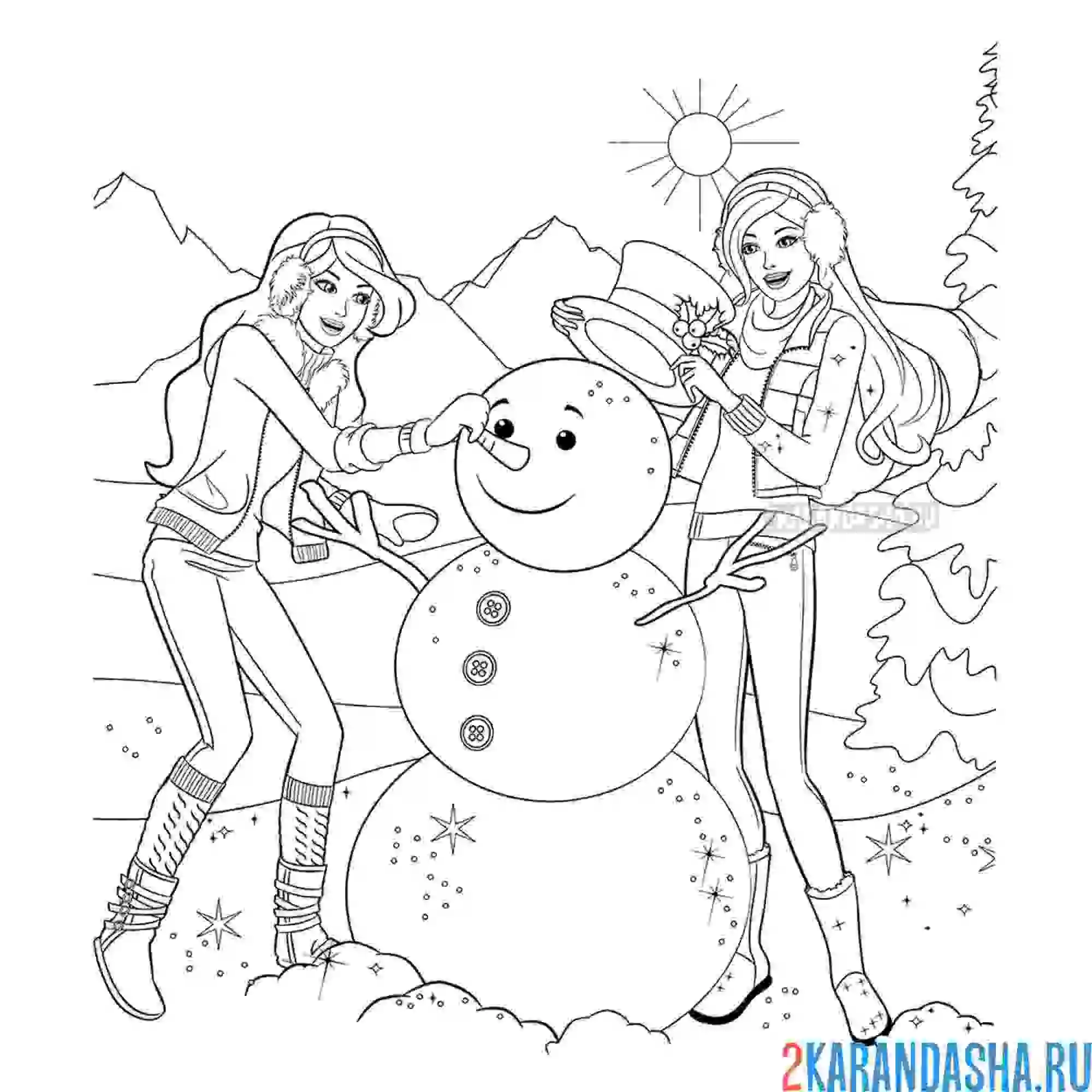 Раскраска барби лепят снеговика зима