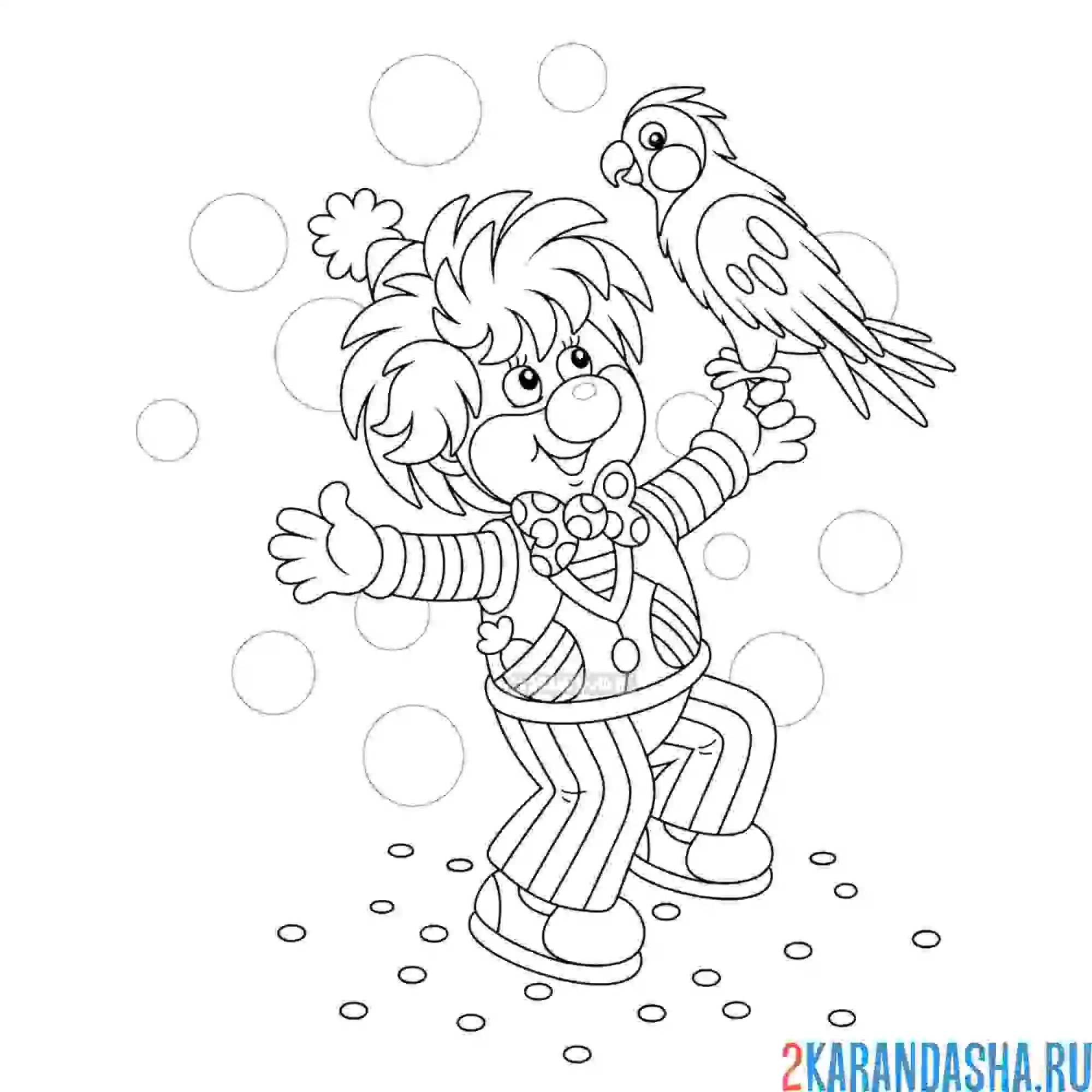 Раскраска попугай и клоун