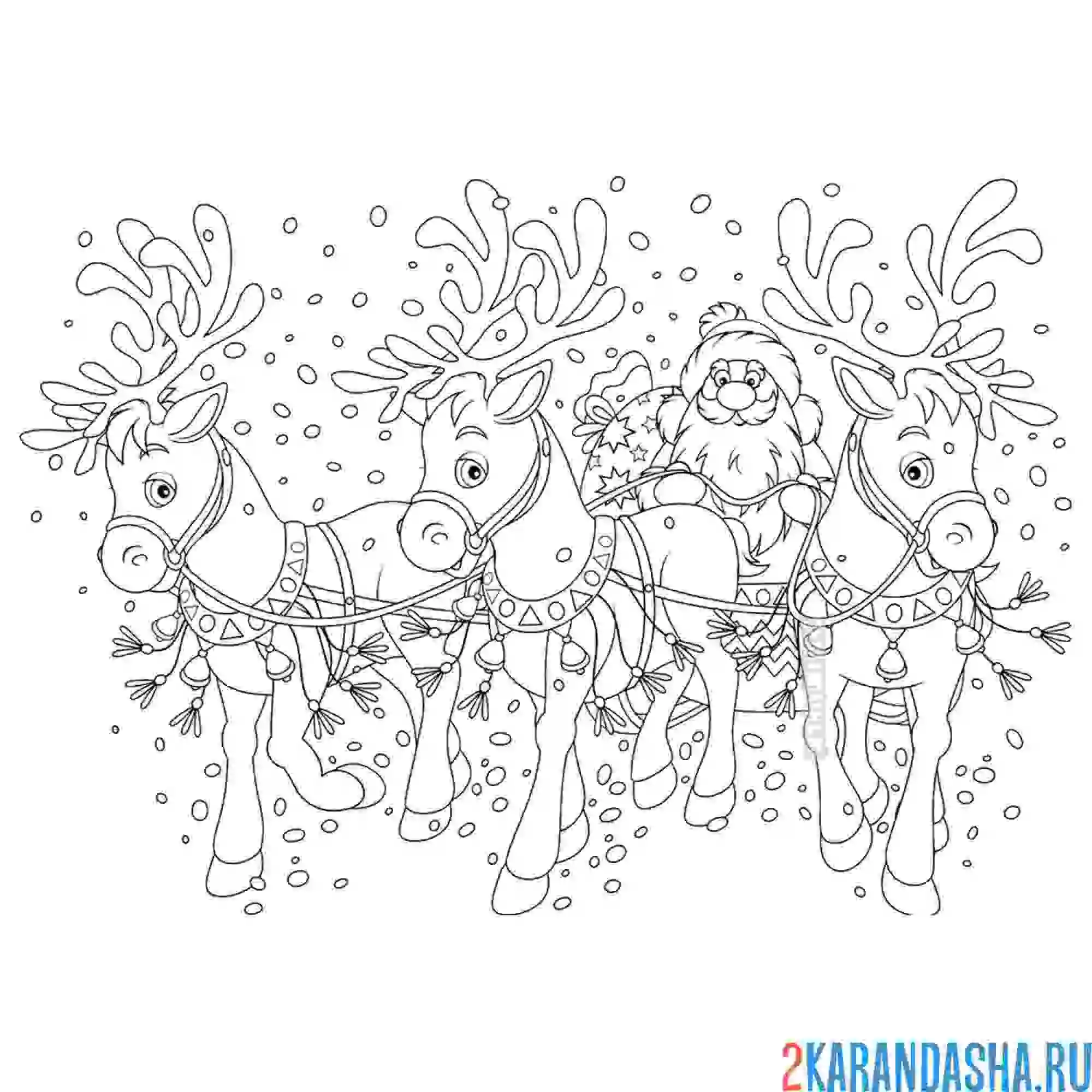 Раскраска дед мороз на оленях