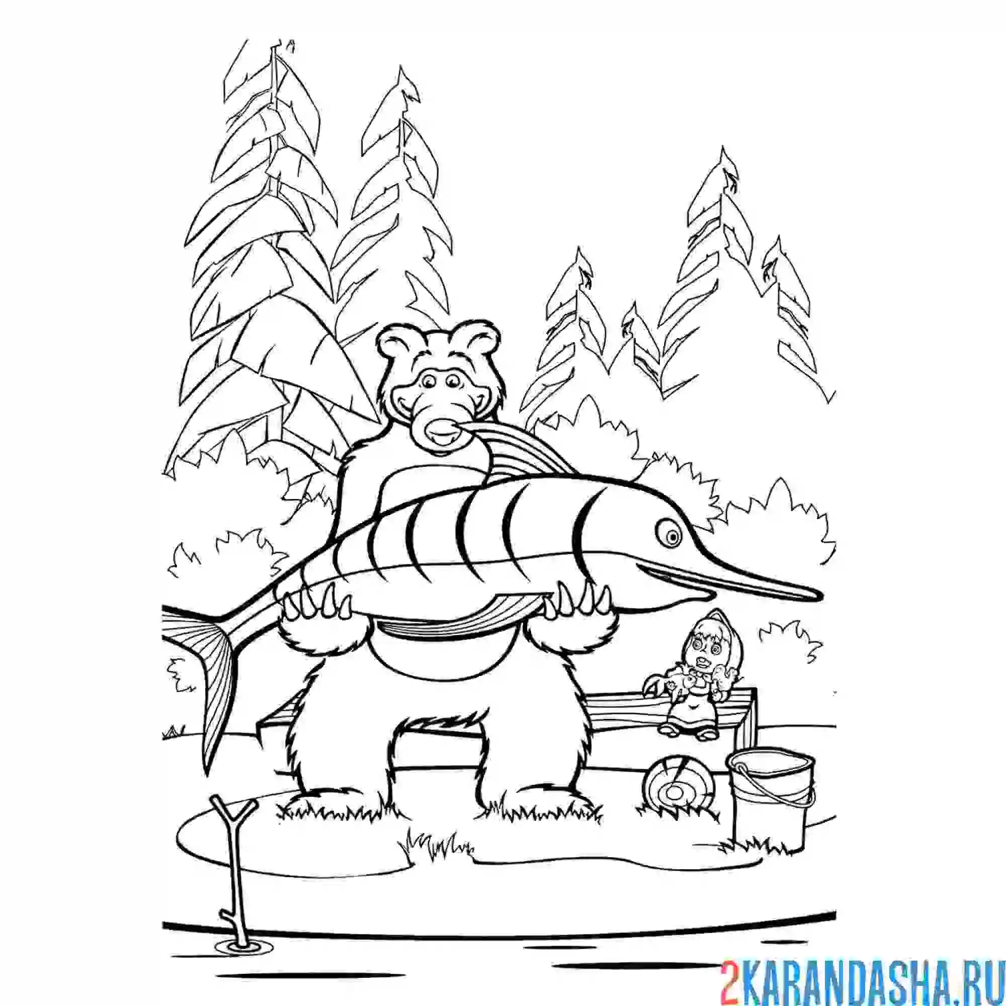 Раскраска рыбалка и золотая рыбка