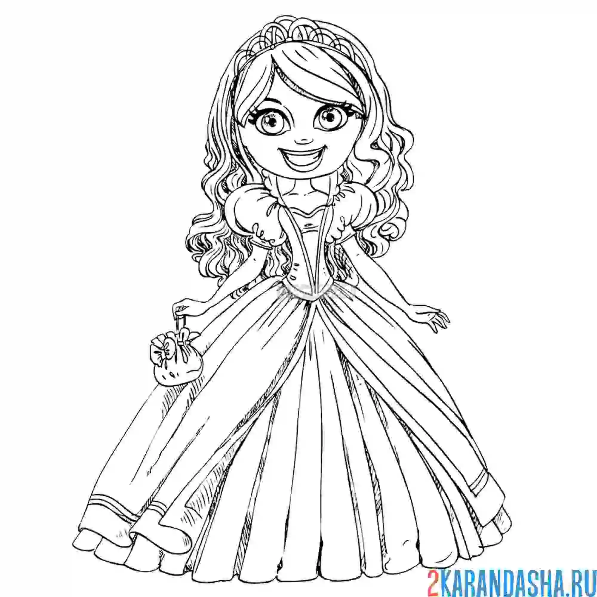 Раскраска принцесса в пышном платье и с сумочкой