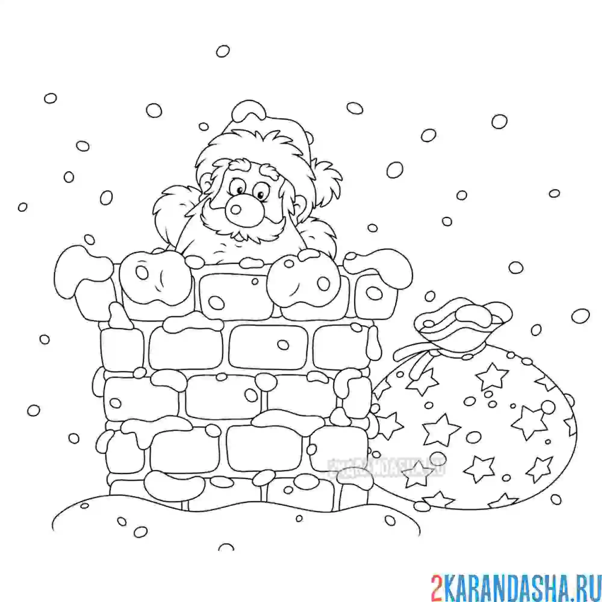 Раскраска дед мороз в трубе с подарком