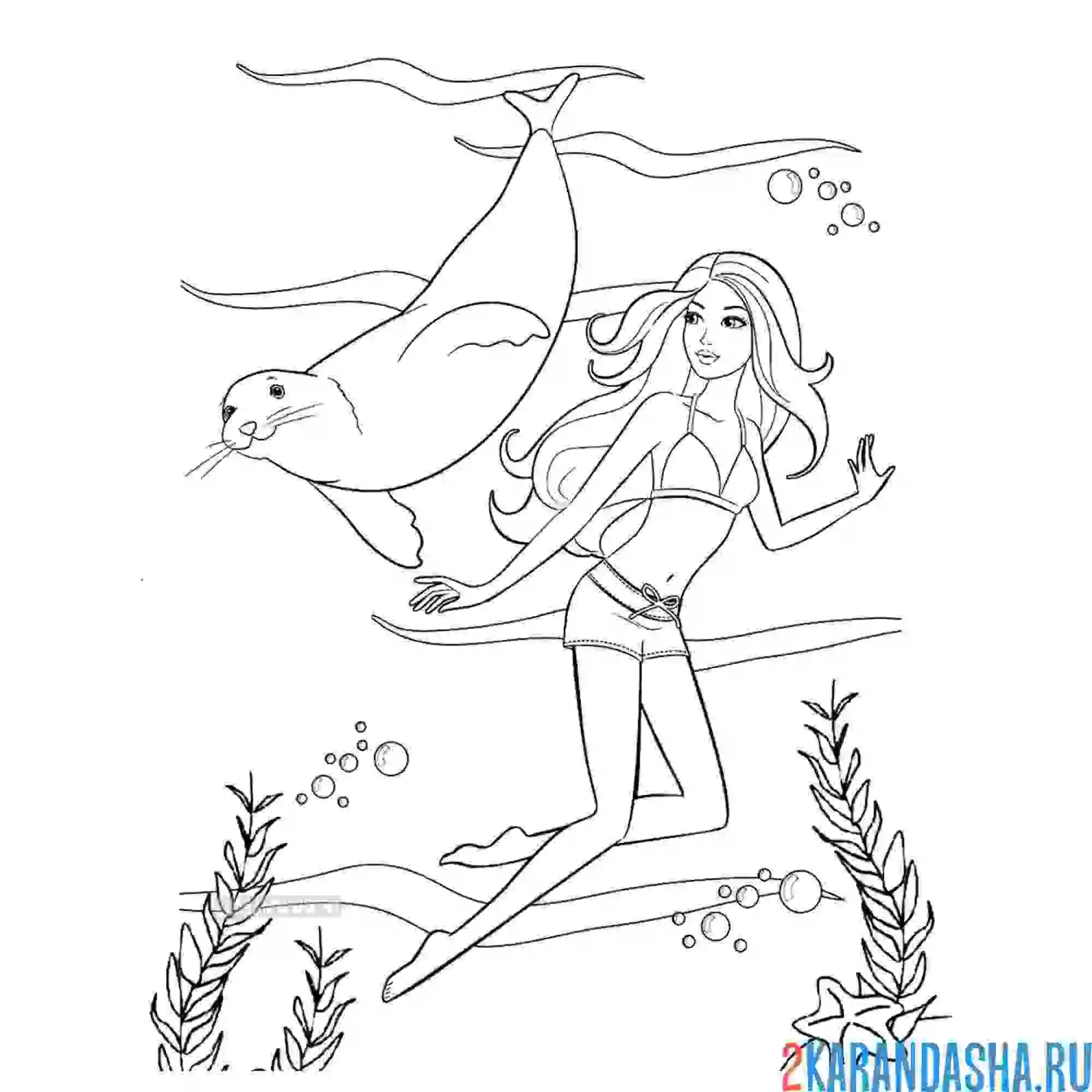 Раскраска барби плавает в море в купальнике