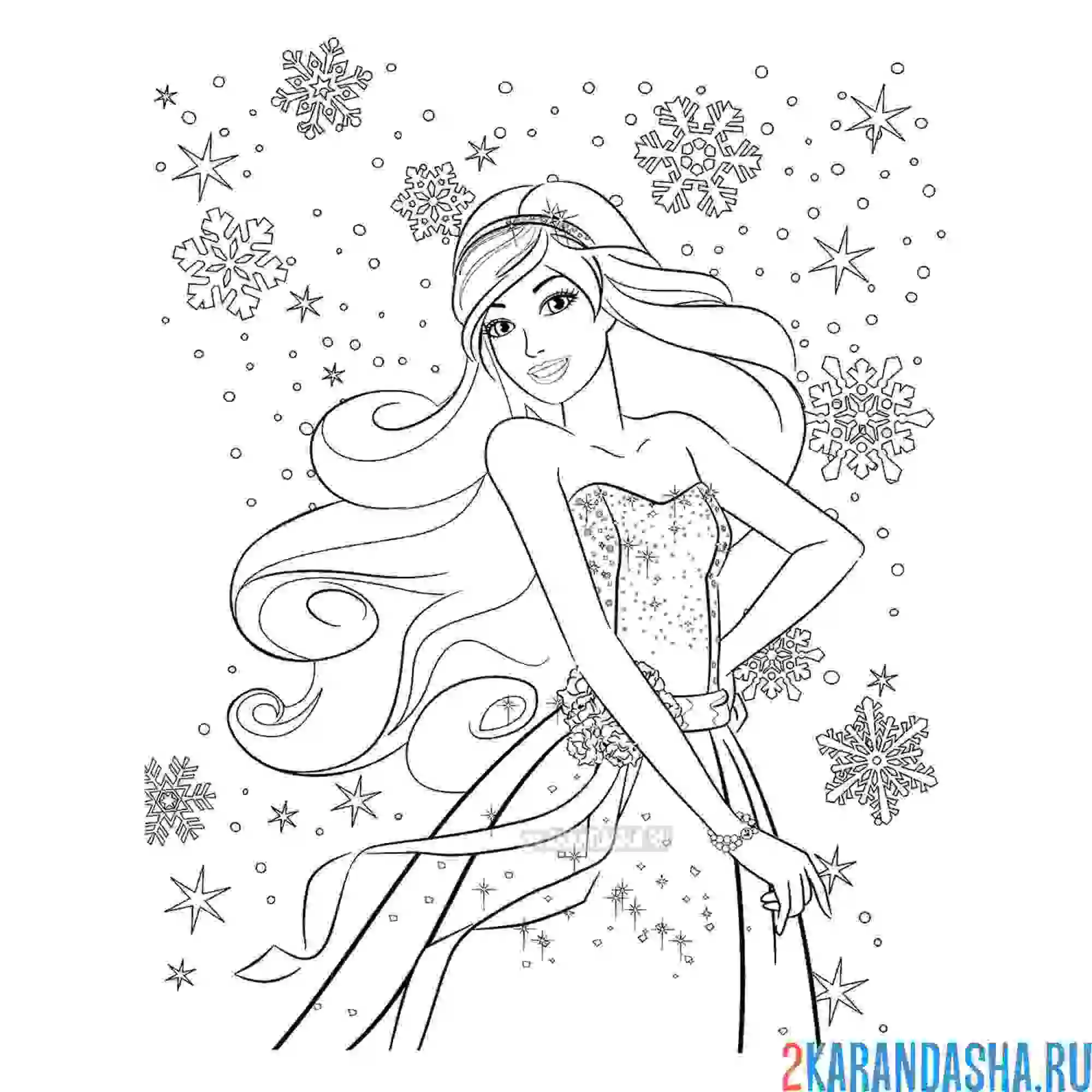 Раскраска барби со снежинками в платье