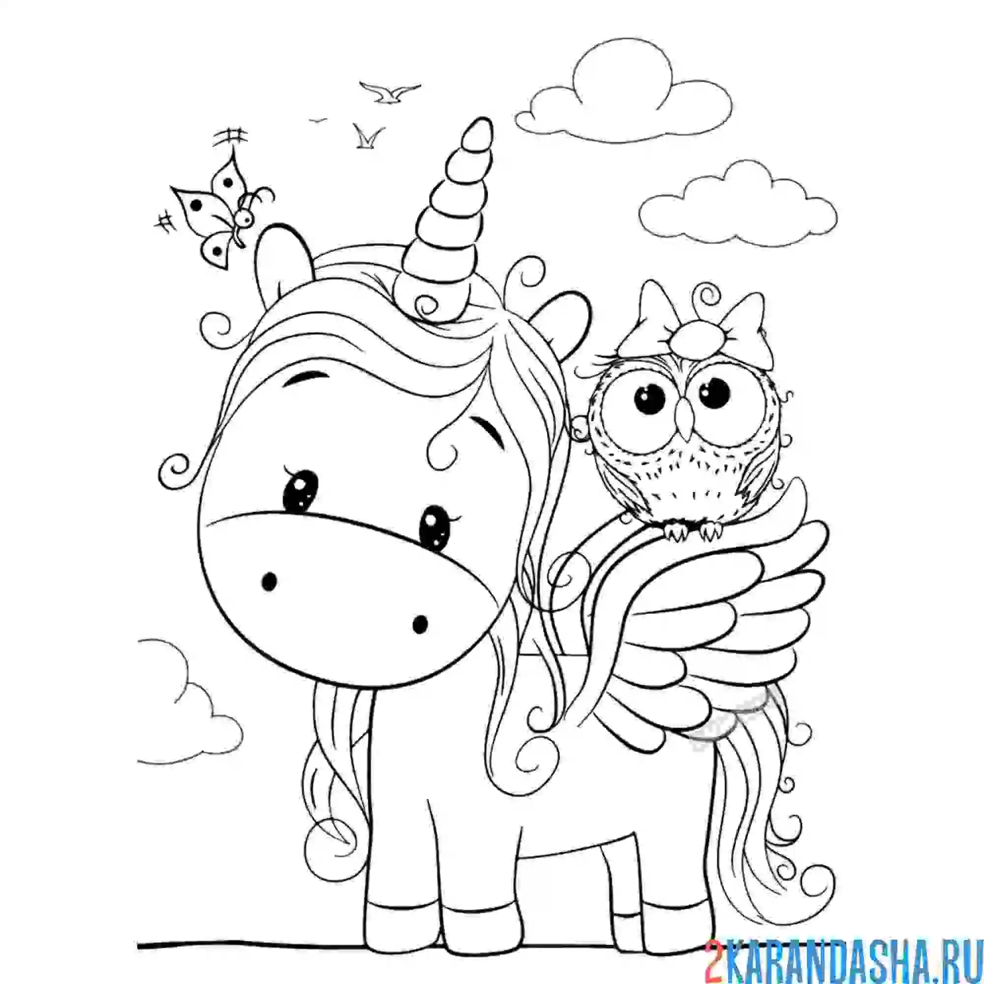 Раскраска милый единорожка с крыльями