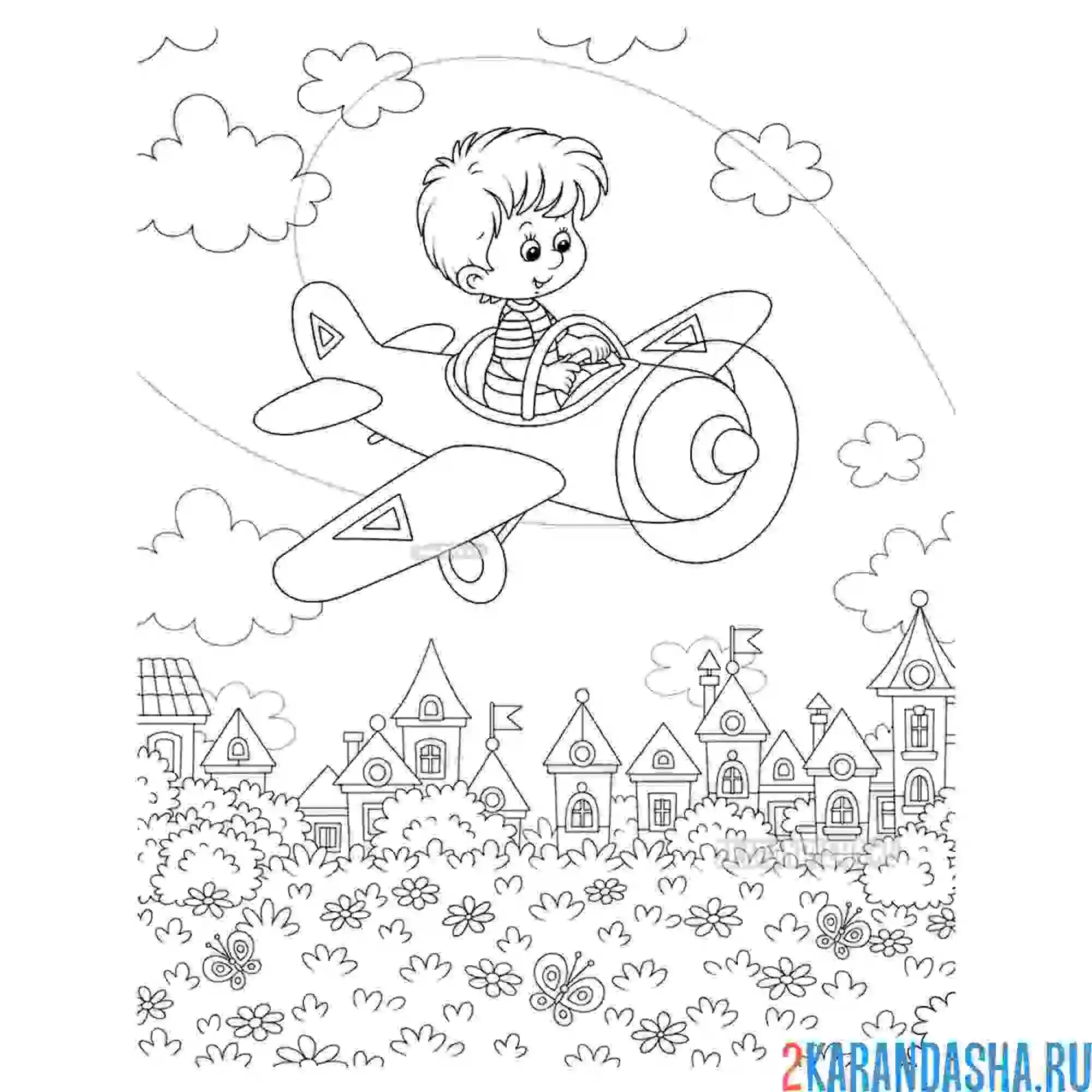 Раскраска самолет над городом