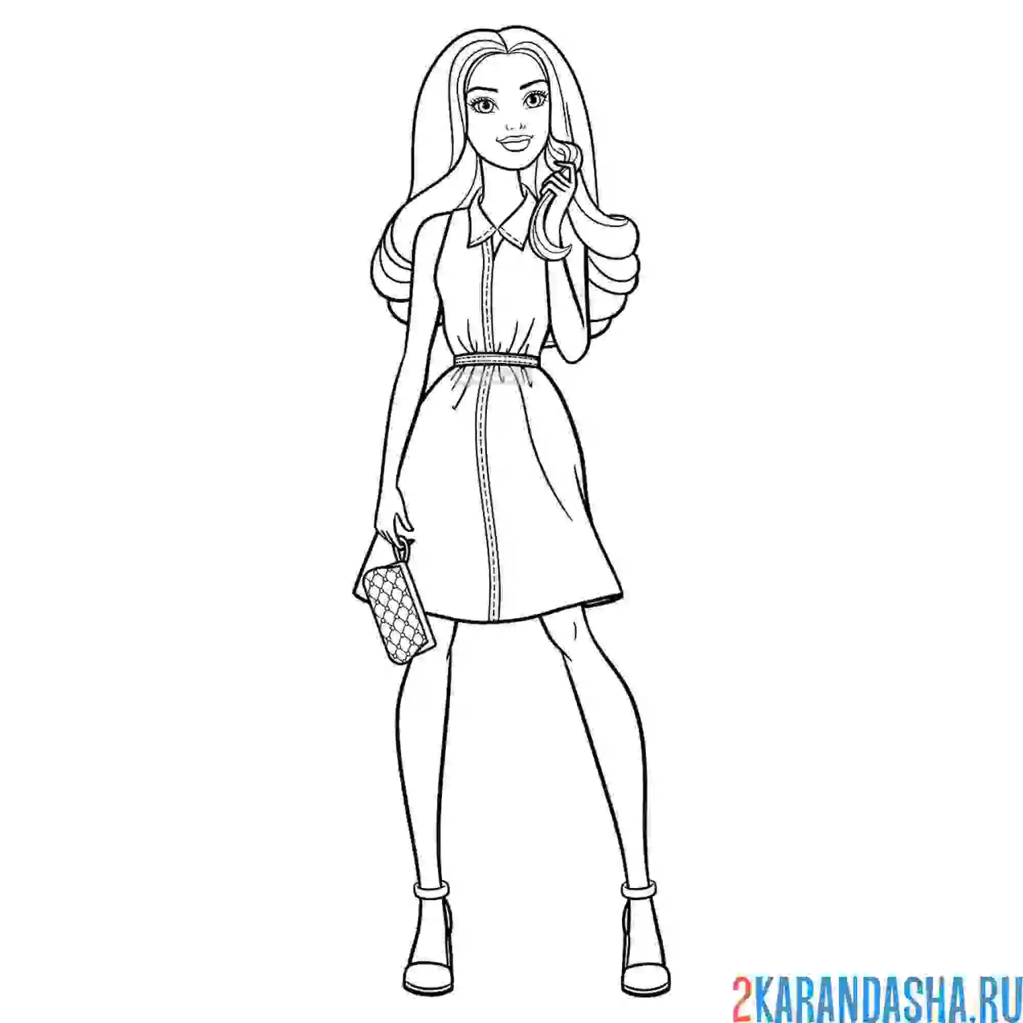 Раскраска барби в платье с сумочкой, в туфлях и красивой прической