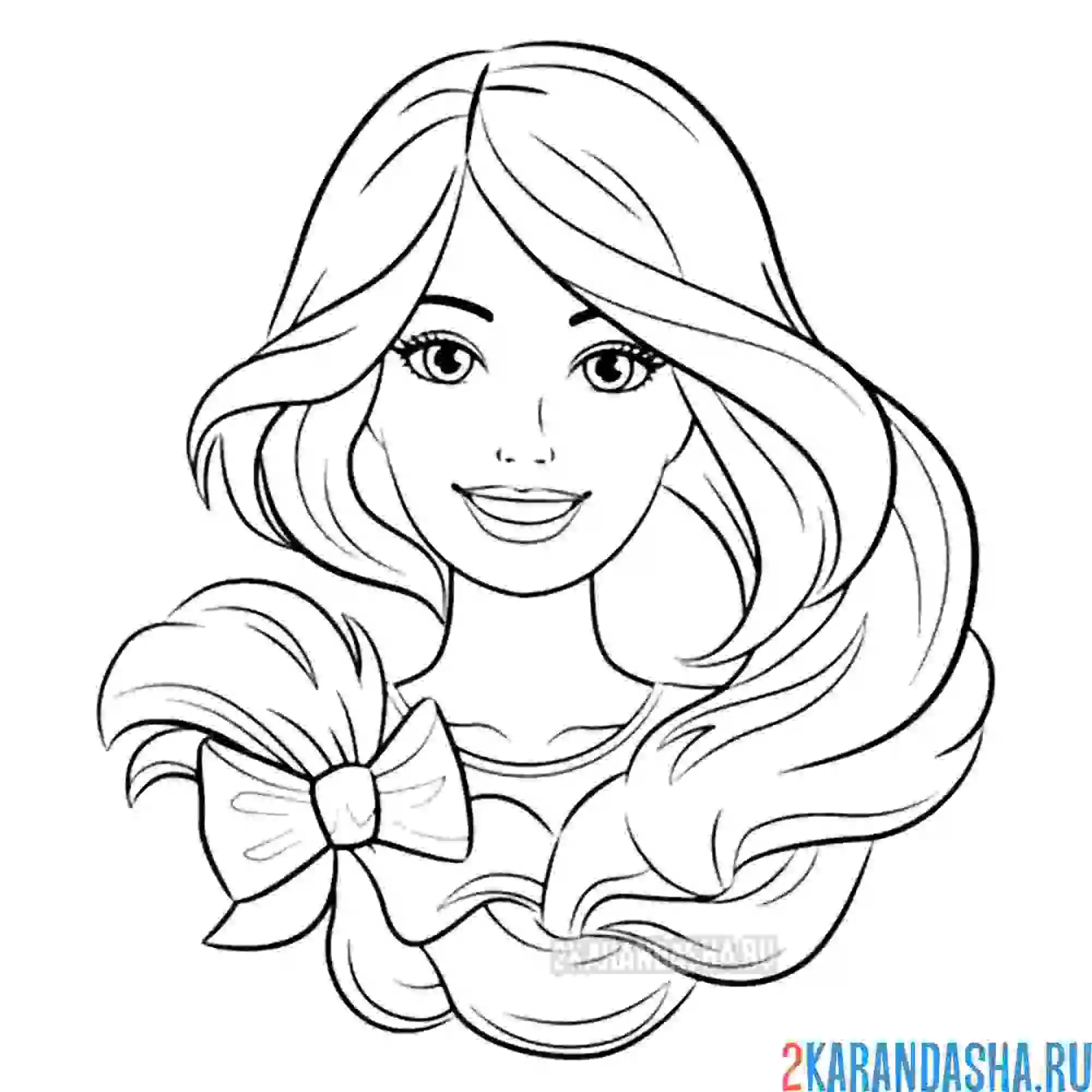 Раскраска барби с красивыми волосами и бантом
