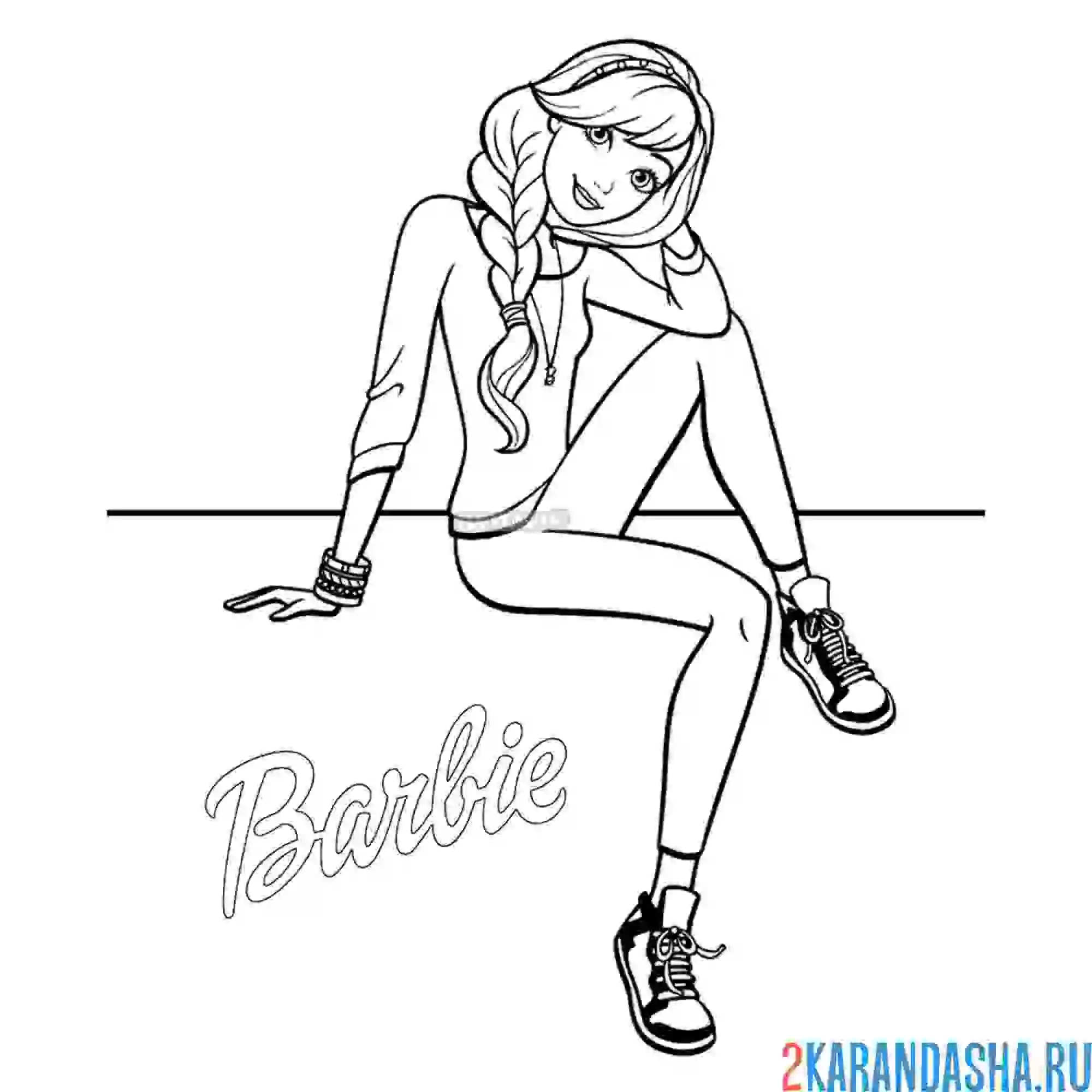 Раскраска барби с косичкой и в спортивной одежде