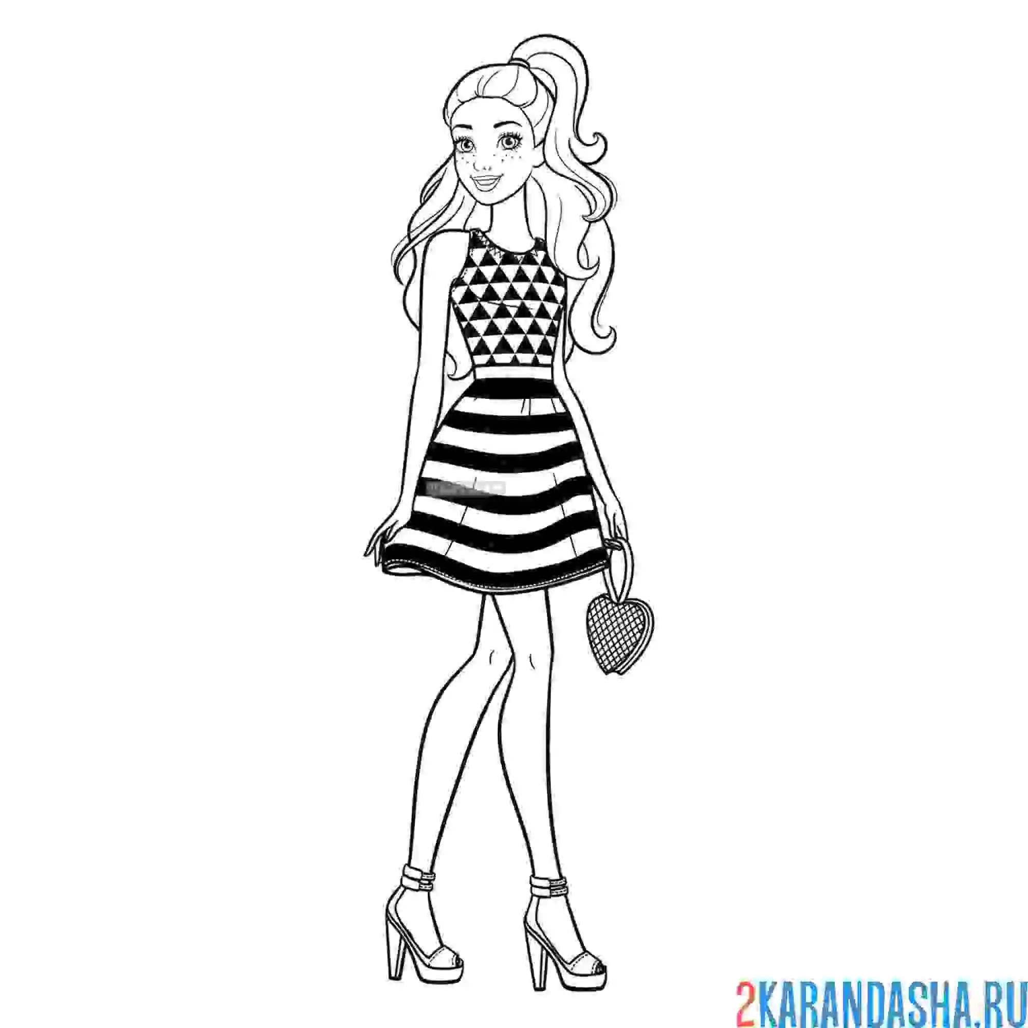 Раскраска барби в модном платье с красивым принтом