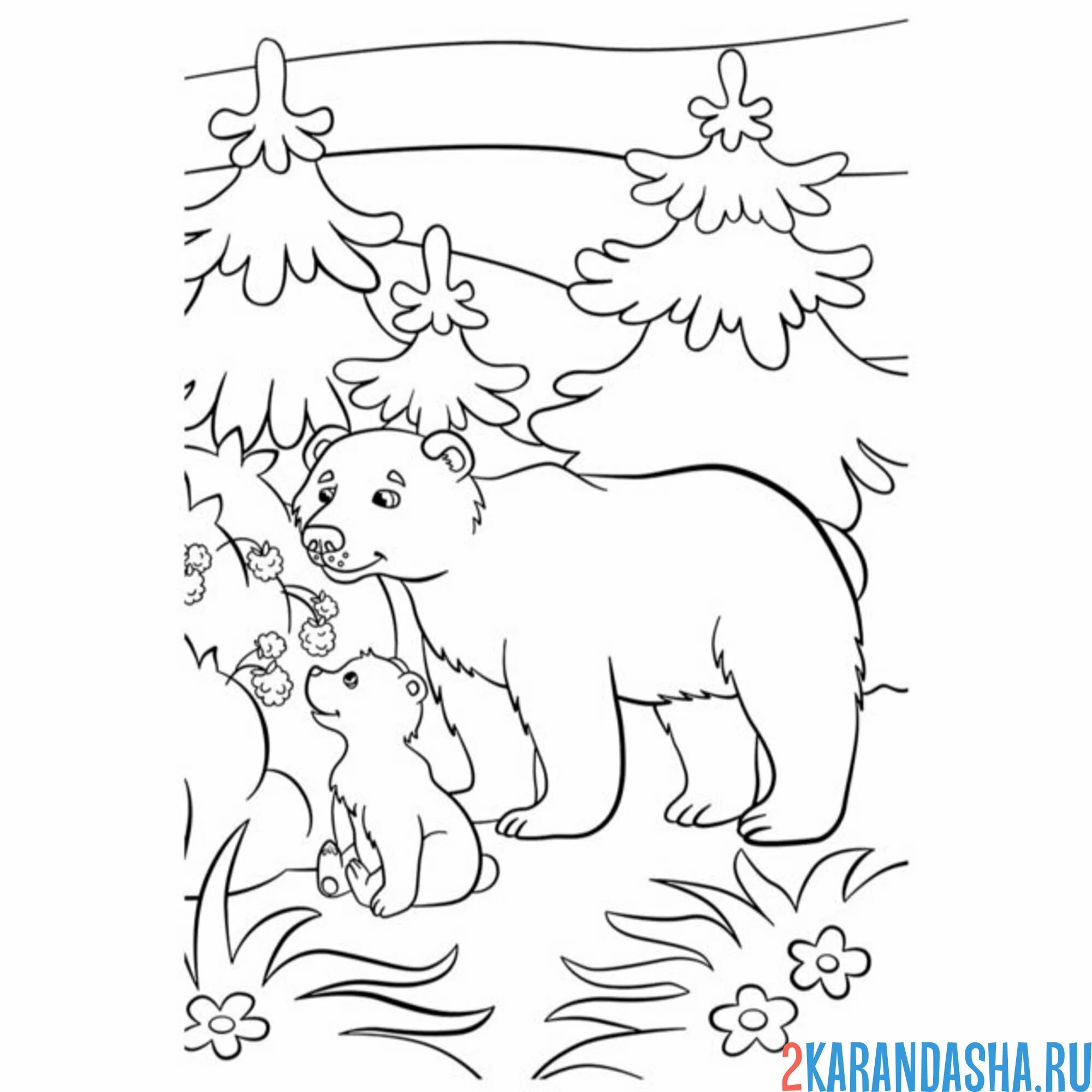 Раскраска мама медведь учит малыша есть