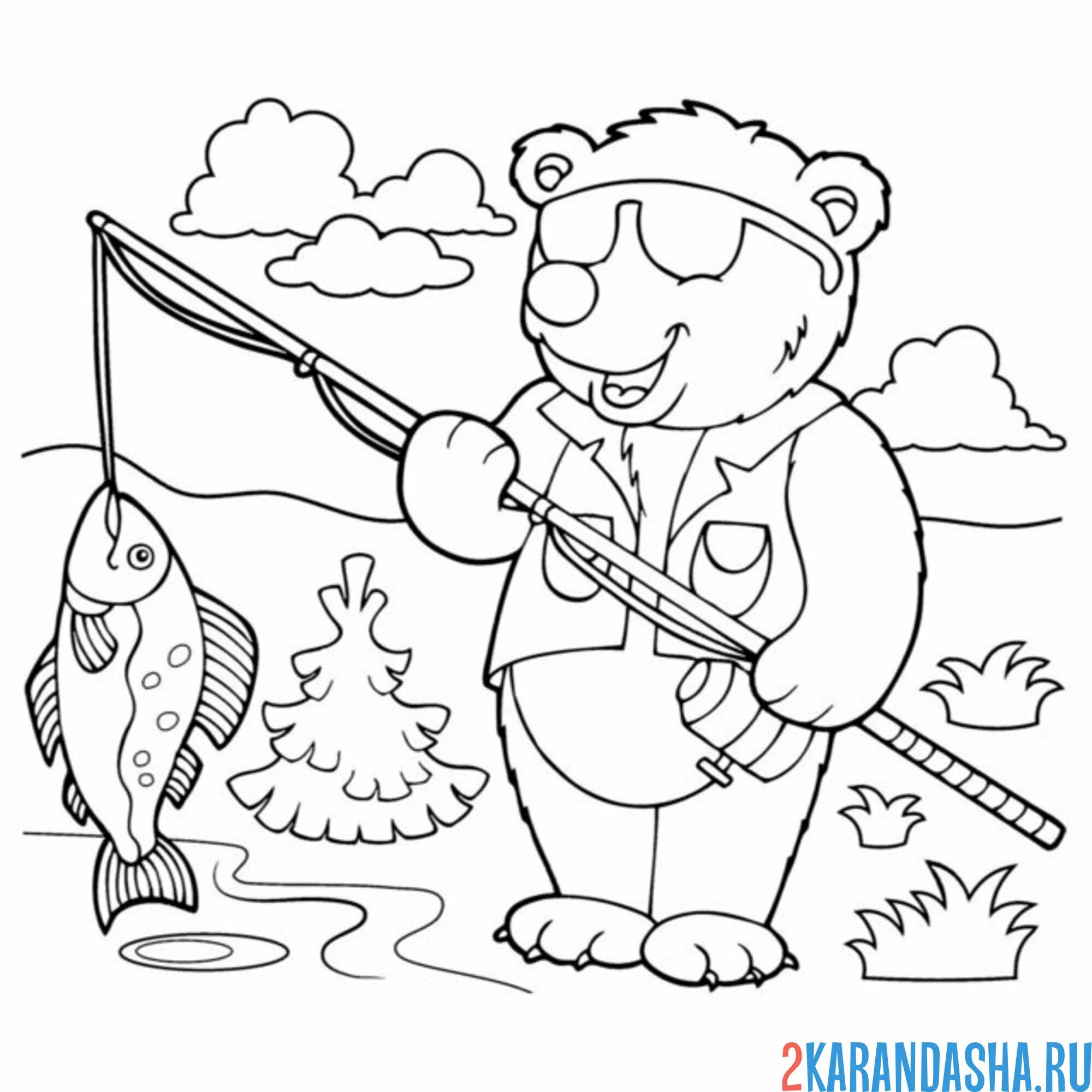 Раскраска медведь рыбалка
