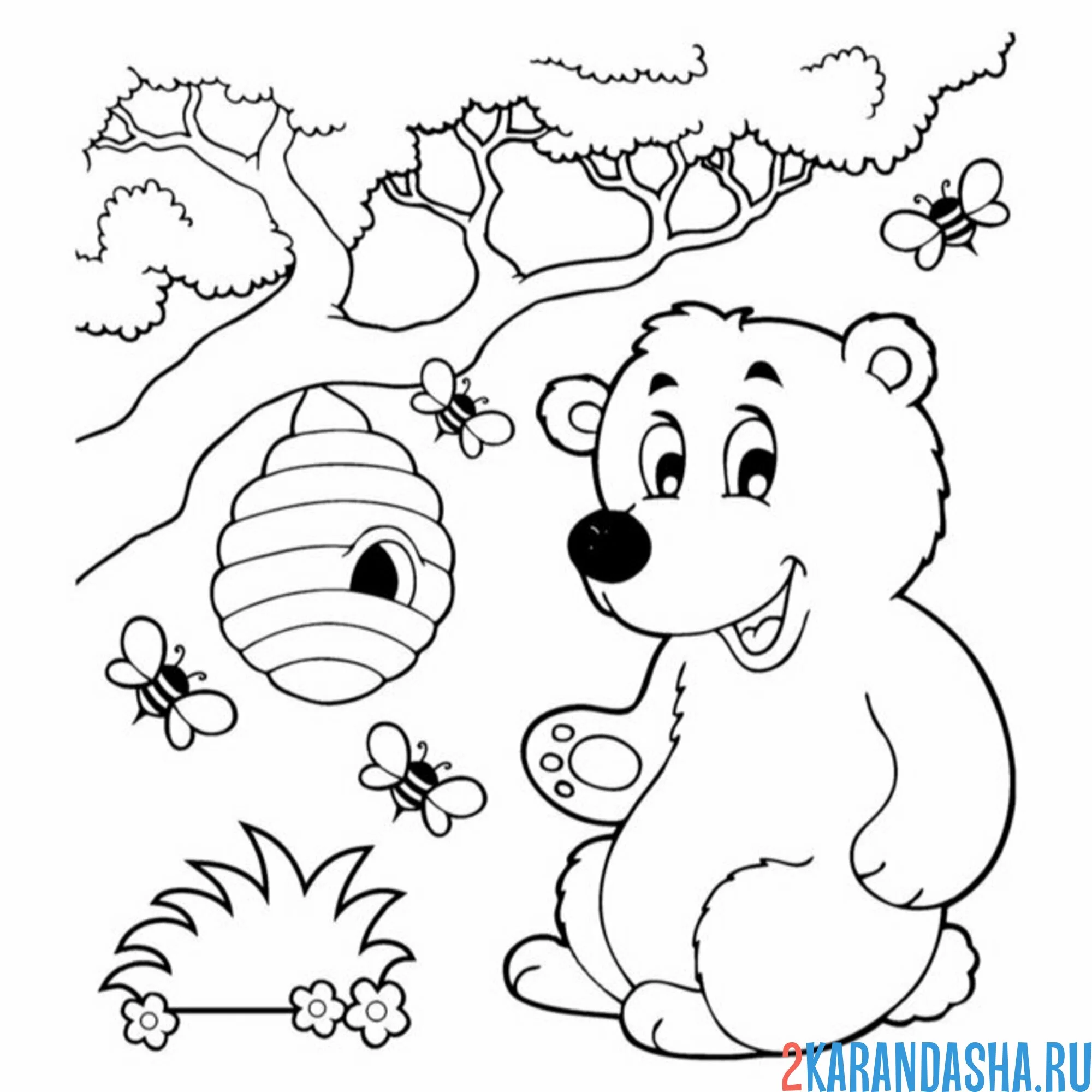 Раскраска улей с пчелами и медведь