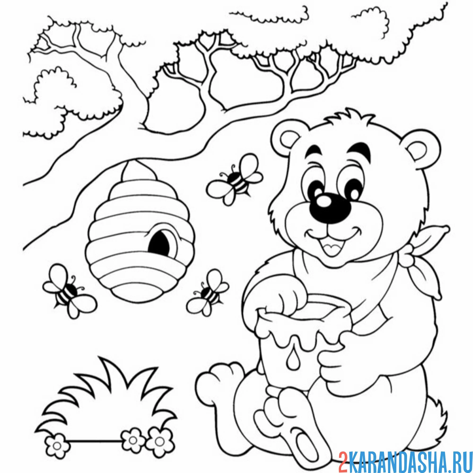 Раскраска медведь ест мед и улей