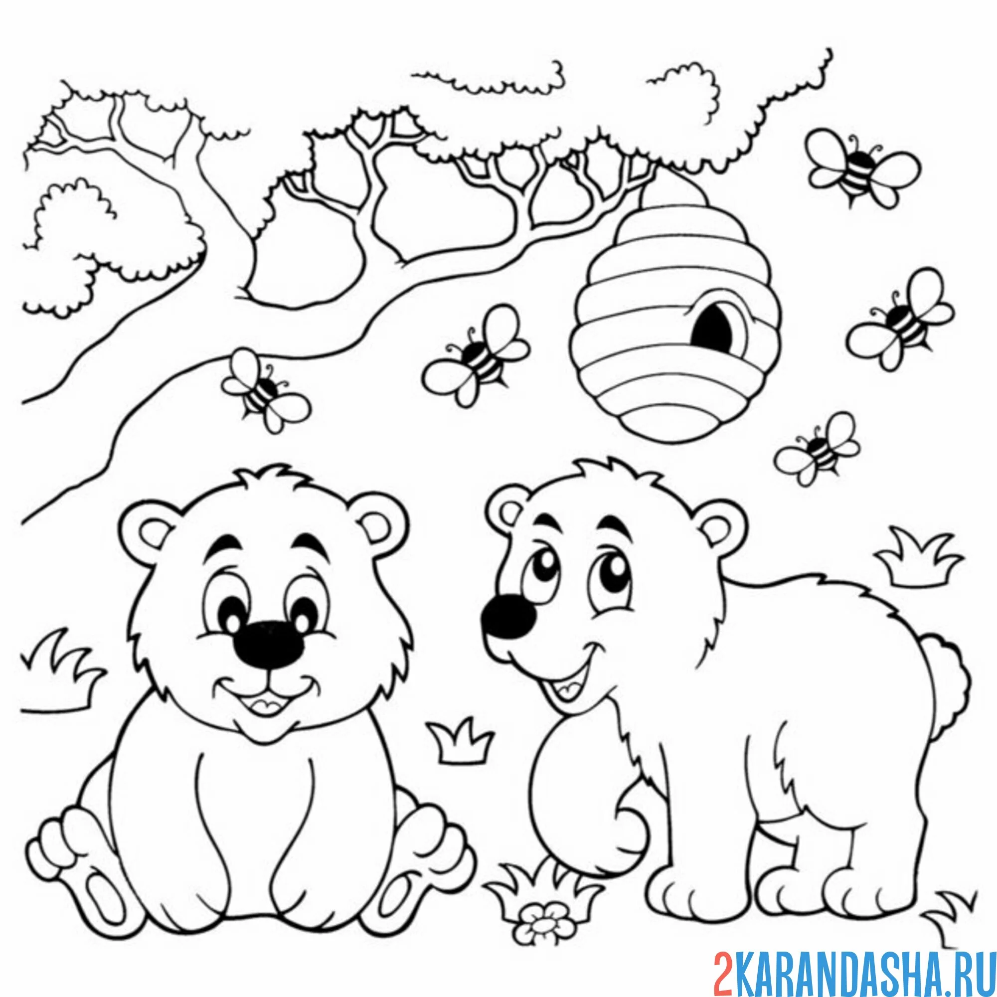 Раскраска два медведя и улей