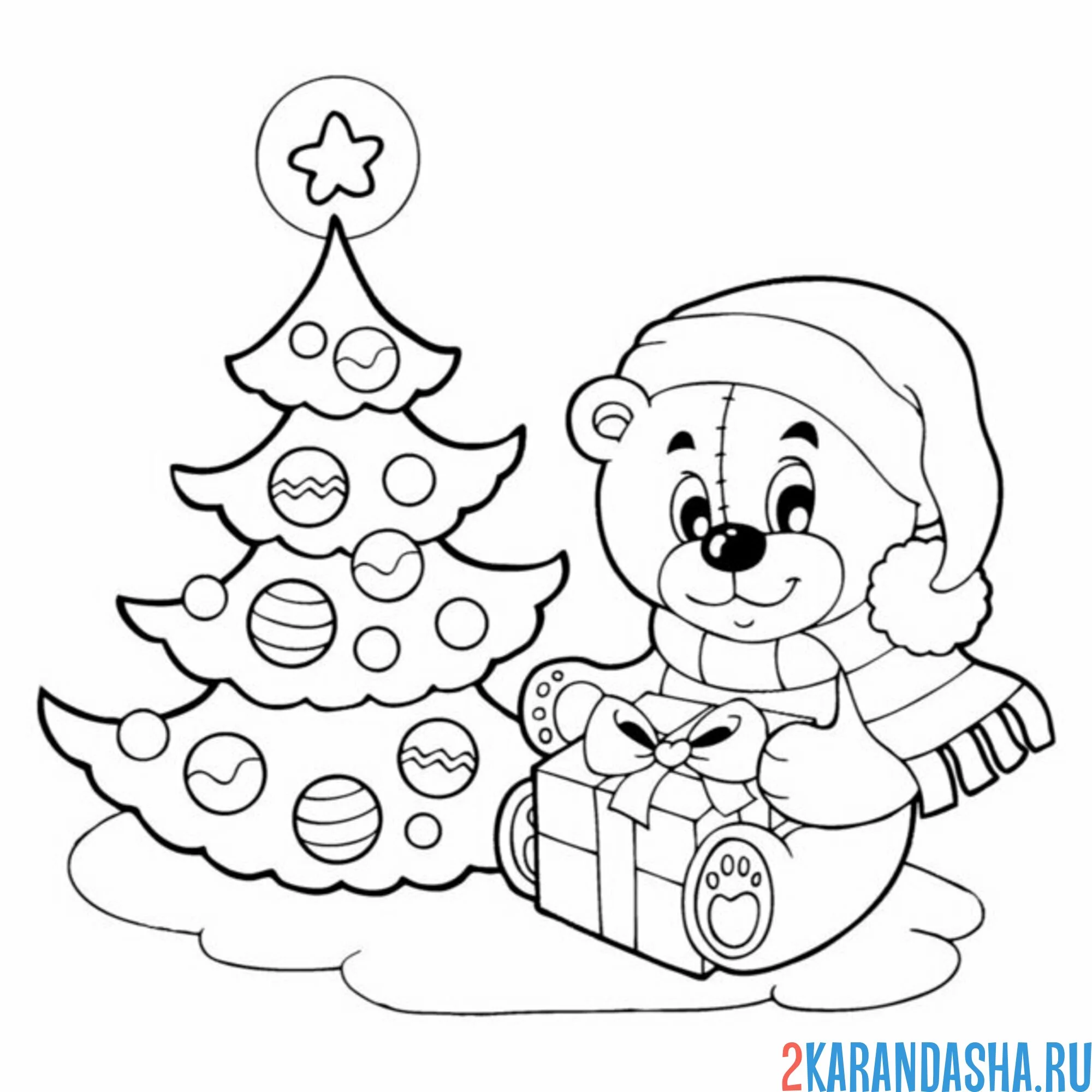 Раскраска мишка у новогодней елки