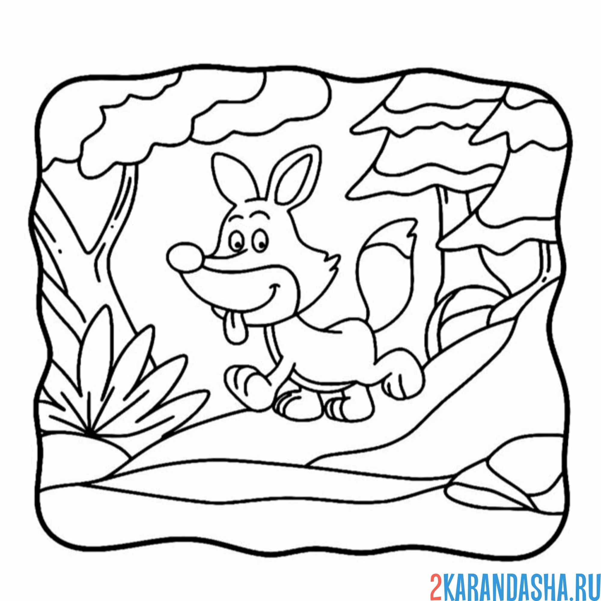 Раскраска мультяшный волк в лесу