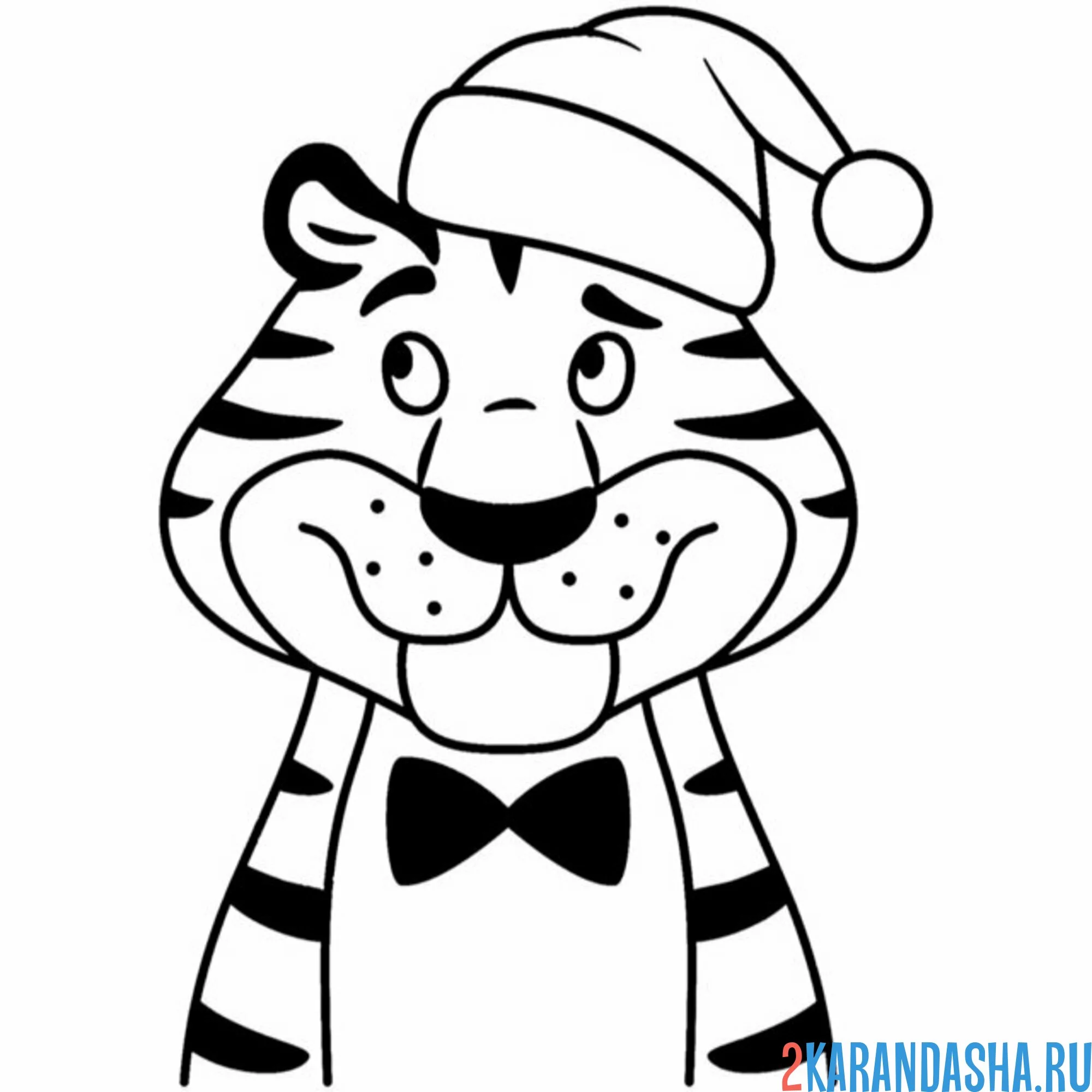 Раскраска тигр в новогодней шапке