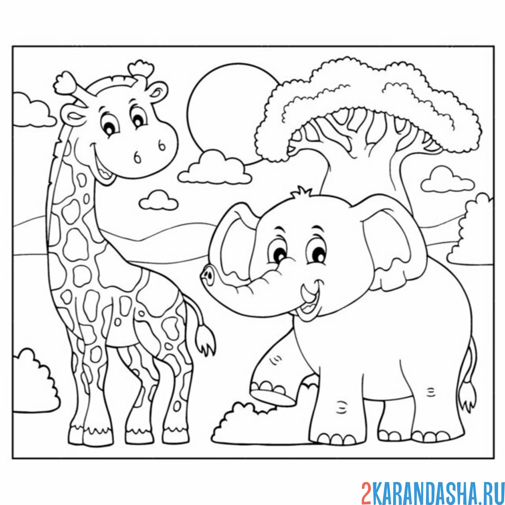 Раскраска жираф и слон