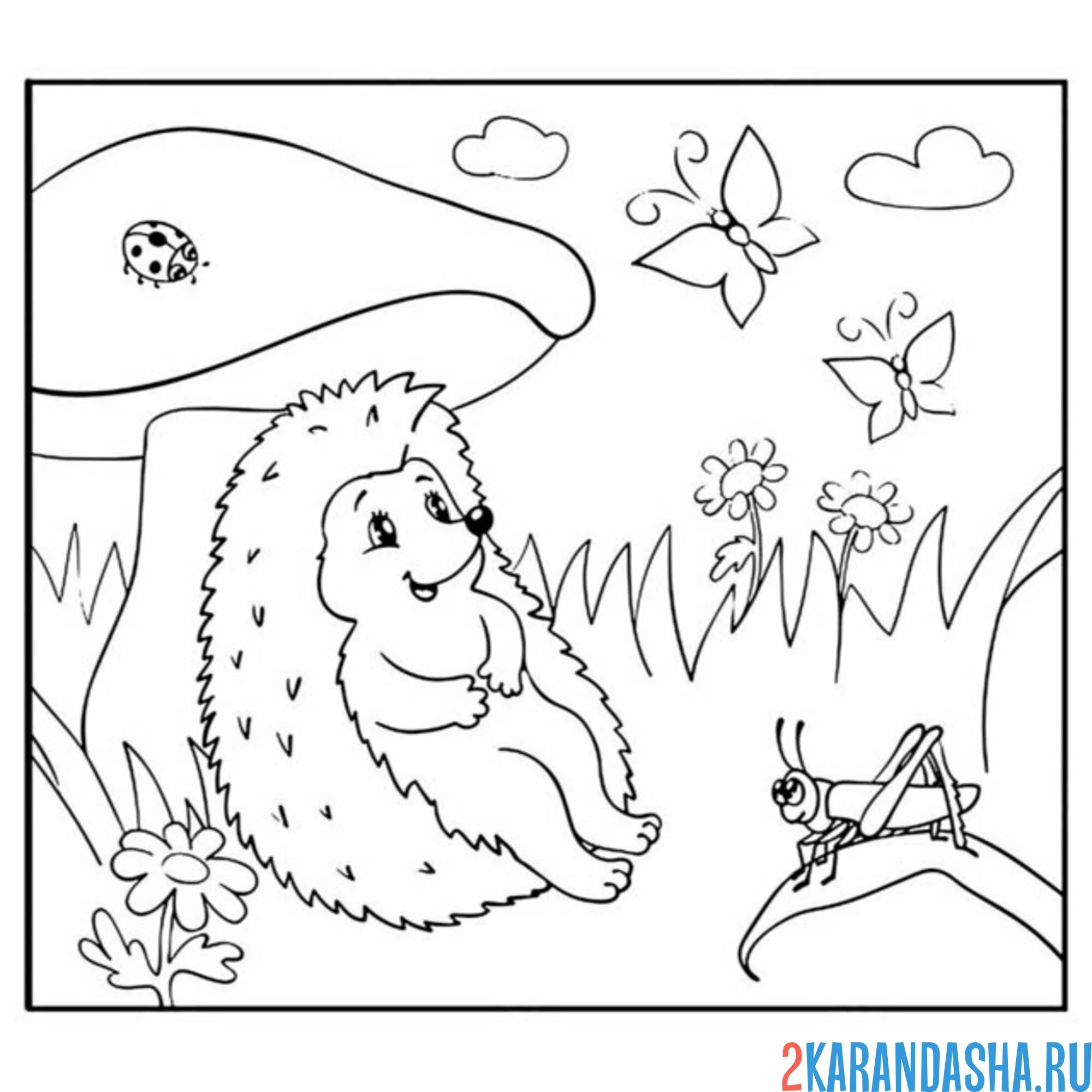 Раскраска ежик под грибом