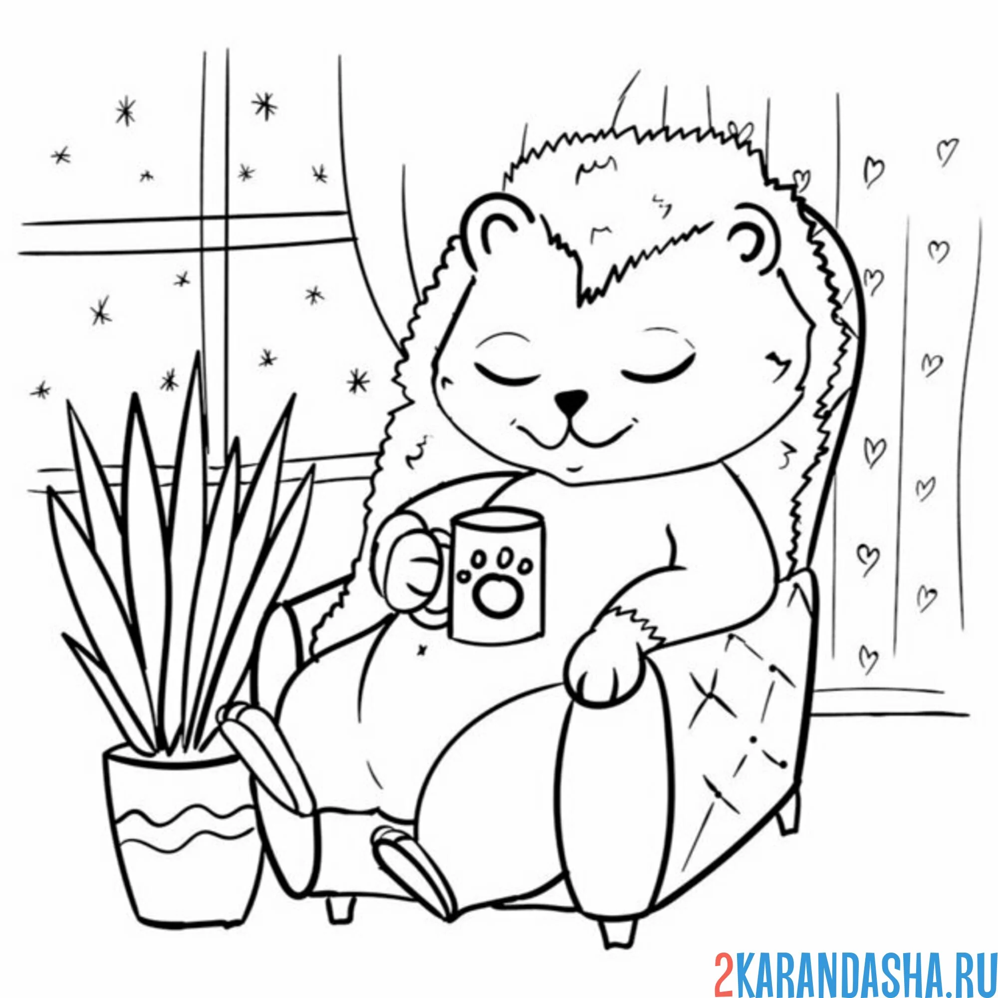 Раскраска ежик спит в кресле