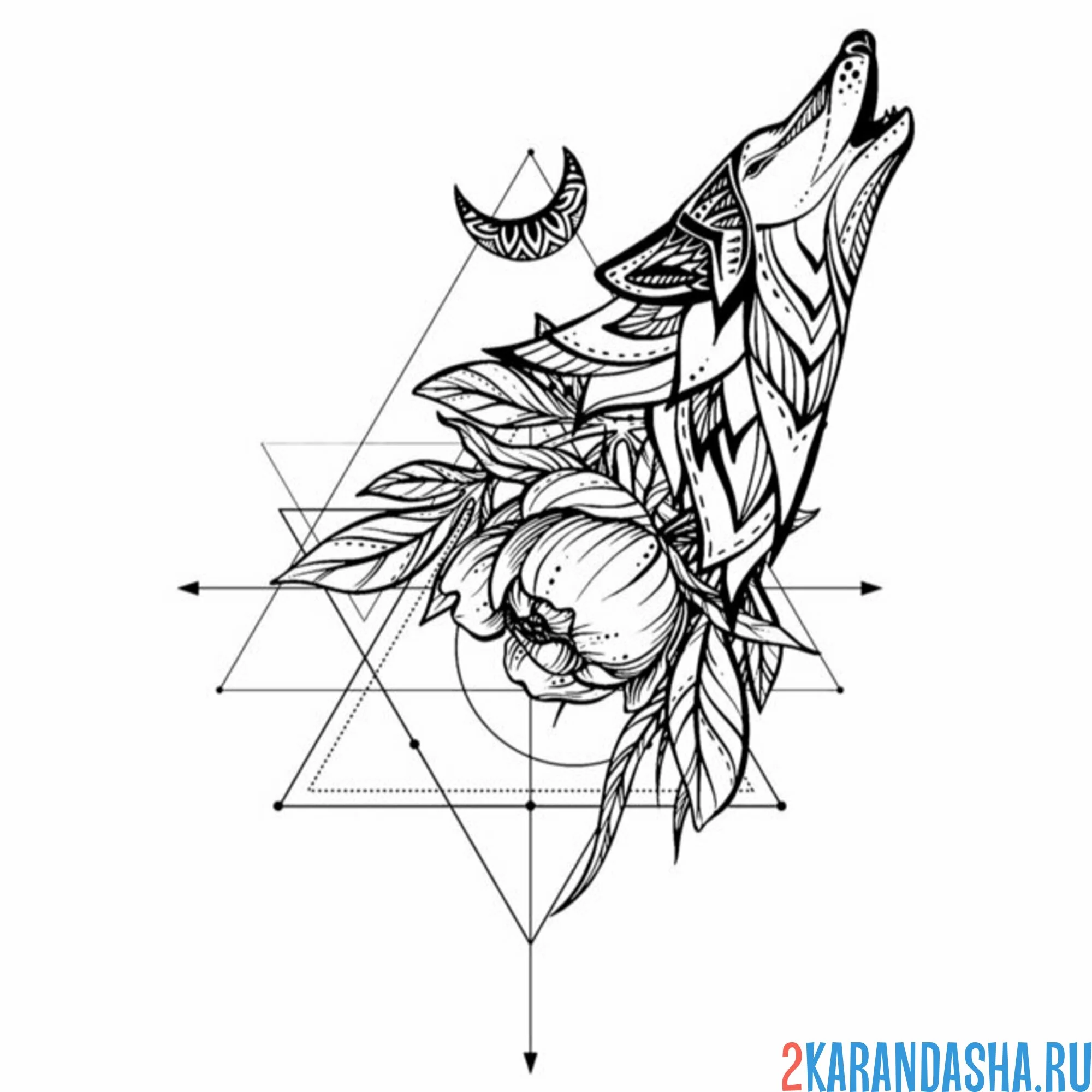 Раскраска волк воет на луну тату