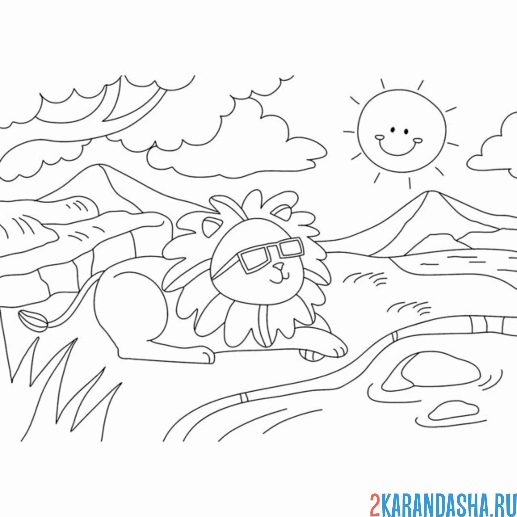 Раскраска лев греется на солнышке