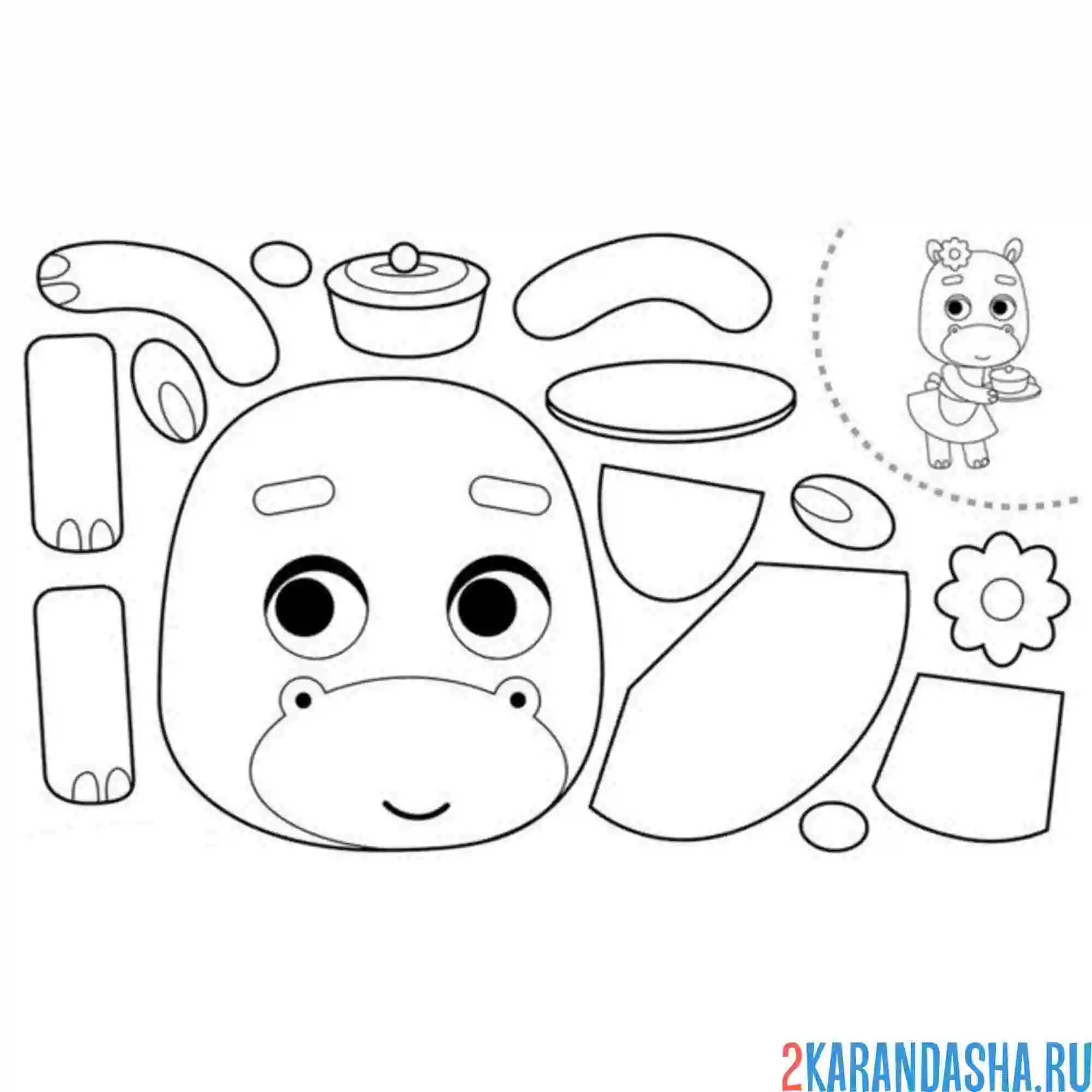 Раскраска раскрась, вырежи и склей бегемотик