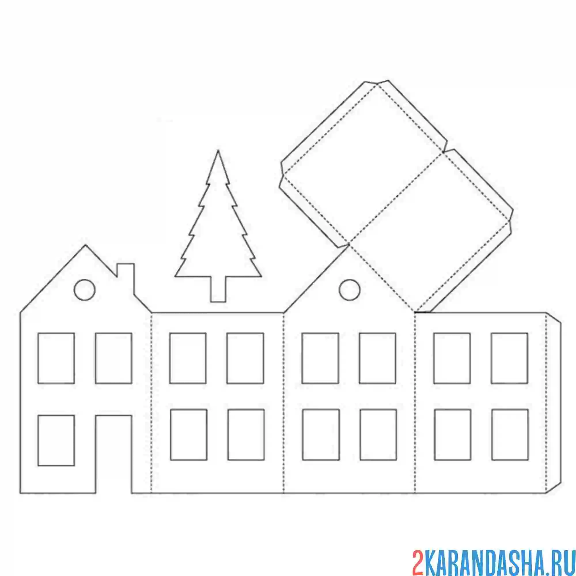 Раскраска раскрась, вырежи и склей дом с елкой