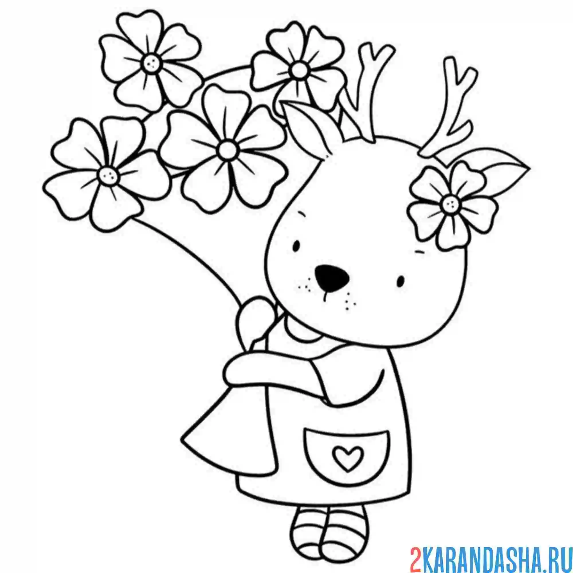 Раскраска олень в цветочках